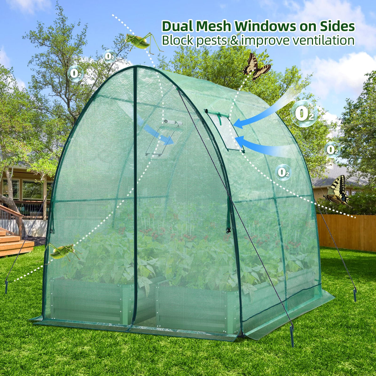 Ohuhu Portable Tunnel Greenhouse Outdoor: Heavy Duty Walk in Green House with Mesh Windows Durable Plastic PE Cover for Outside, 1.8x1.8x2m, Green