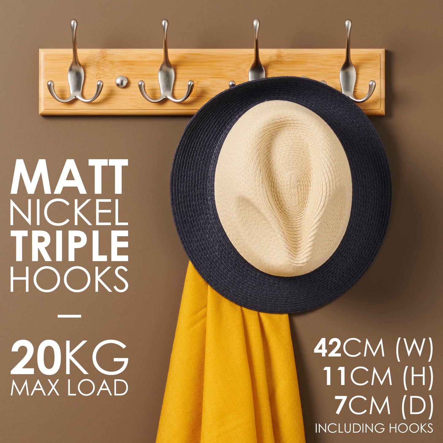 LARHN Wooden Wall-Mounted Coat Rack - 4 Matt-Nickel Coat Hooks, 42cm