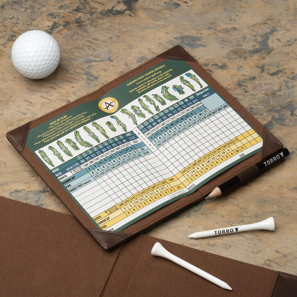 TORRO Golf Scorecard and Yardage Book Holder ? Genuine Leather Golf Score Card and Yardage Wallet with Pencil Loop (Dark Brown)