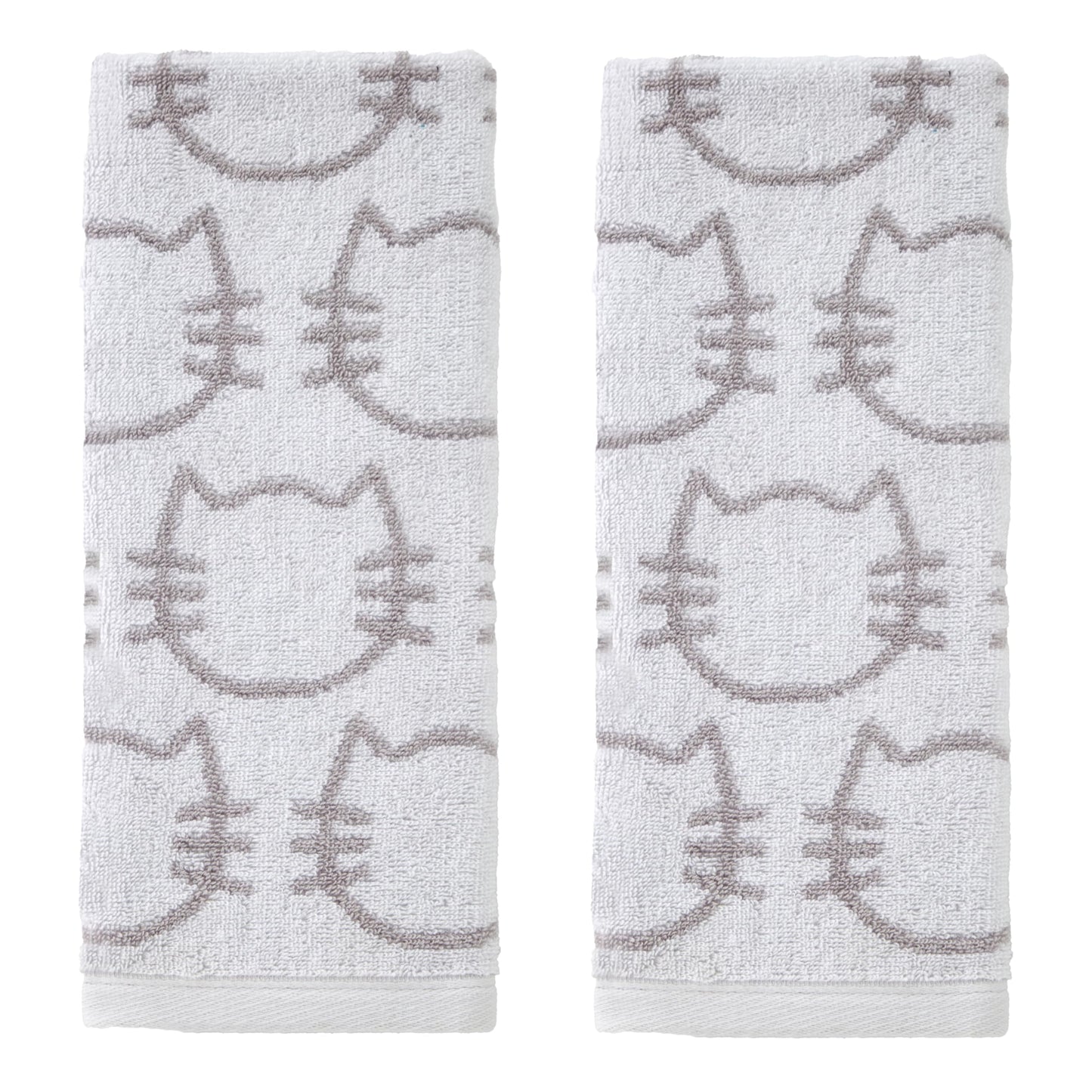 SKL Home Cat Hand Towel 2pc Set for Bath/Kitchen/Bar & Gift, White/Gray