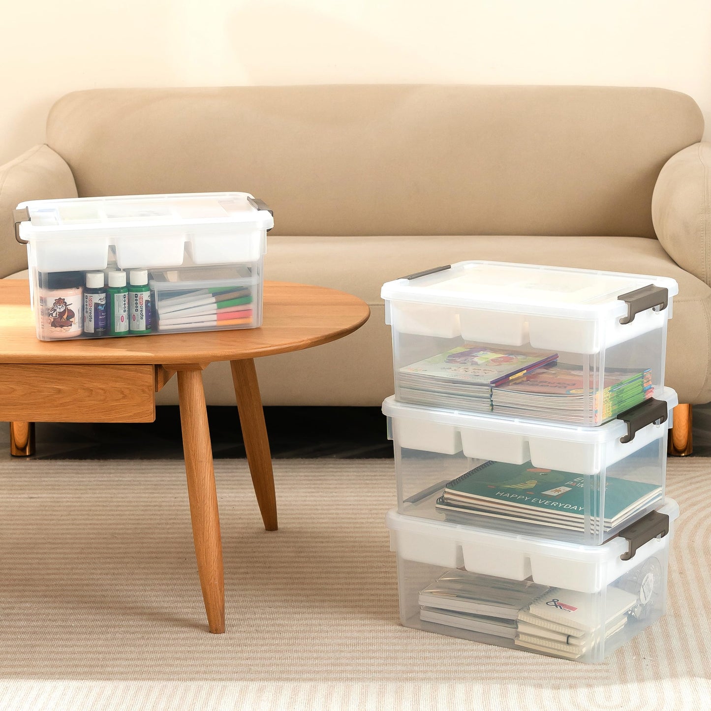 Citylife 4 Packs 16L Plastic Storage Boxes with Removable Tray Clear Plastic Box large Storage Box with Lid Stackable Storage Boxes for Organizing