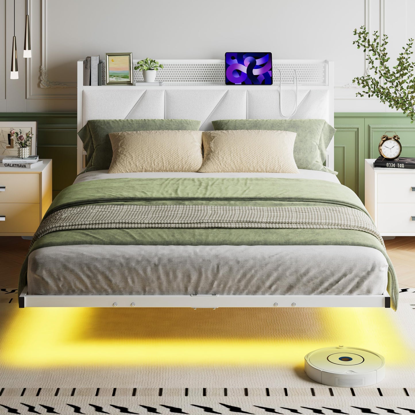 HAHRIR Floating Double Bed Frame with Upholstered Headboard Storage, White