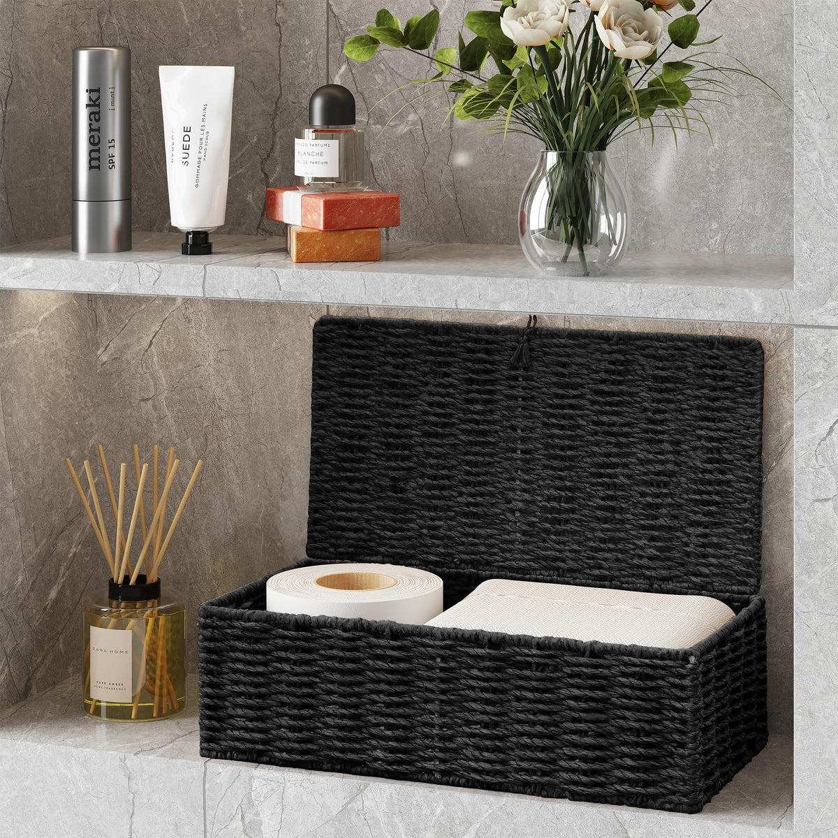 Vagusicc Storage Boxes with Lids, Handwoven Set of 2 Wicker Storage Baskets for Organizing, Nesting Storage Basket for Shelves
