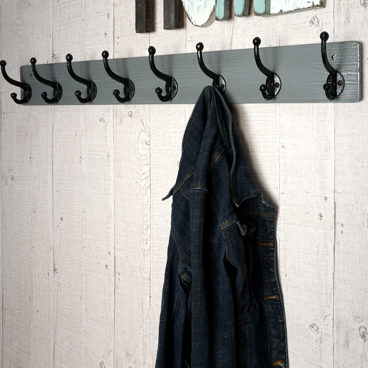 WEBI Rustic Coat Rack Wall Mount Long 8 Cast Iron Coat Hooks Wall Mounted,Heavy Duty Wall Coat Hanger Hooks for Hanging Coats,Clothes,Grey