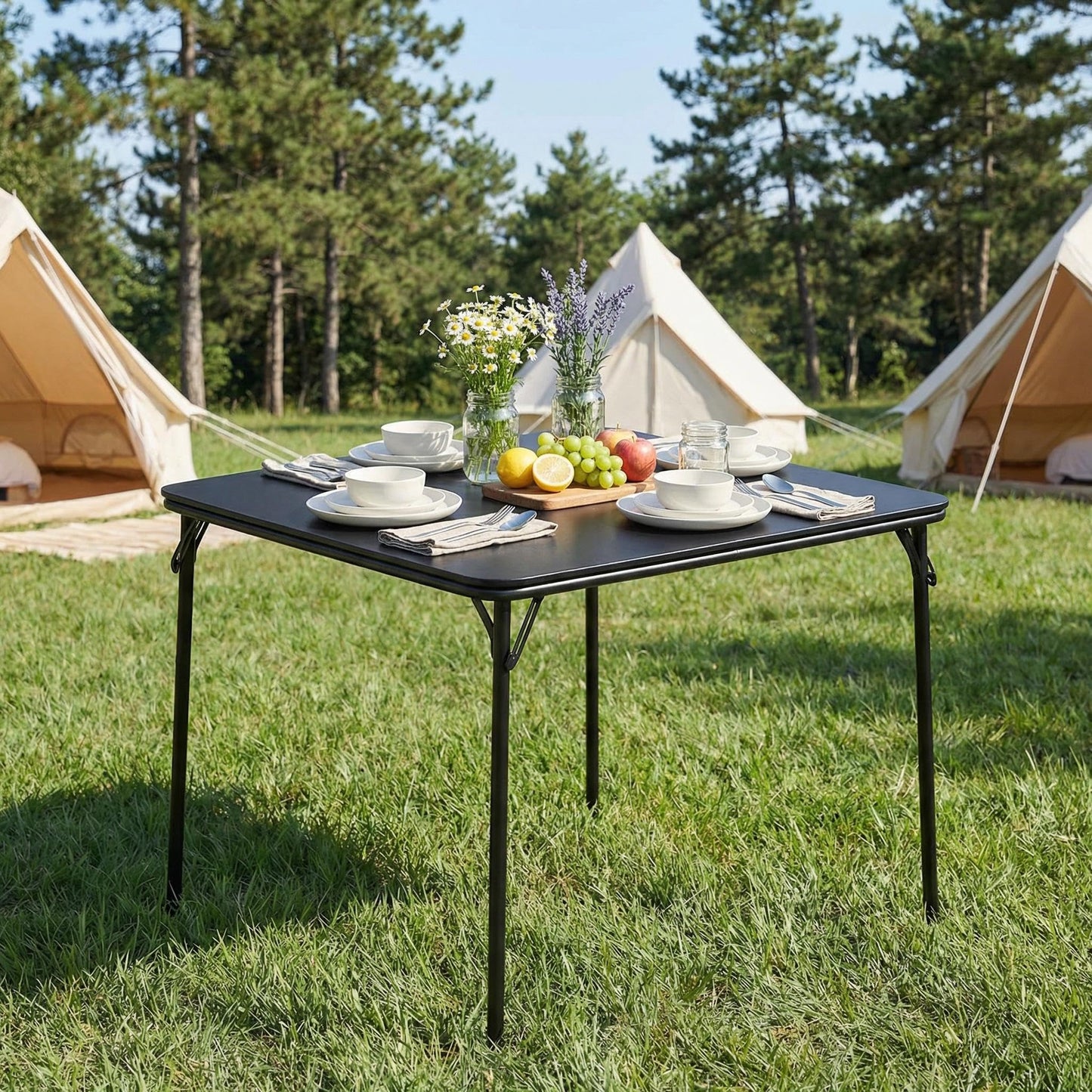 FurnitureR Folding Square Dining Table,Card Game Play Desk Portable for 4 People,Adults,Teens,Boys,Girls,Indoor,Outdoor,86x86x71cm,Black
