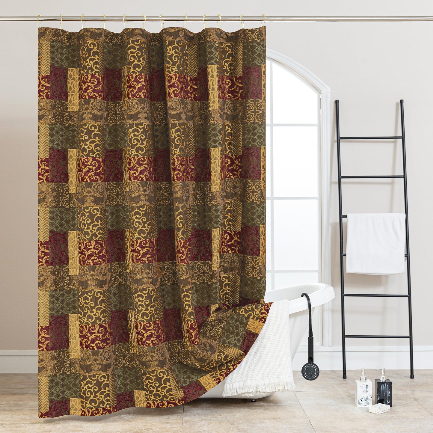 TOPLUXE Patchwork Shower Curtain with 12 Metal Hooks 180x180cm