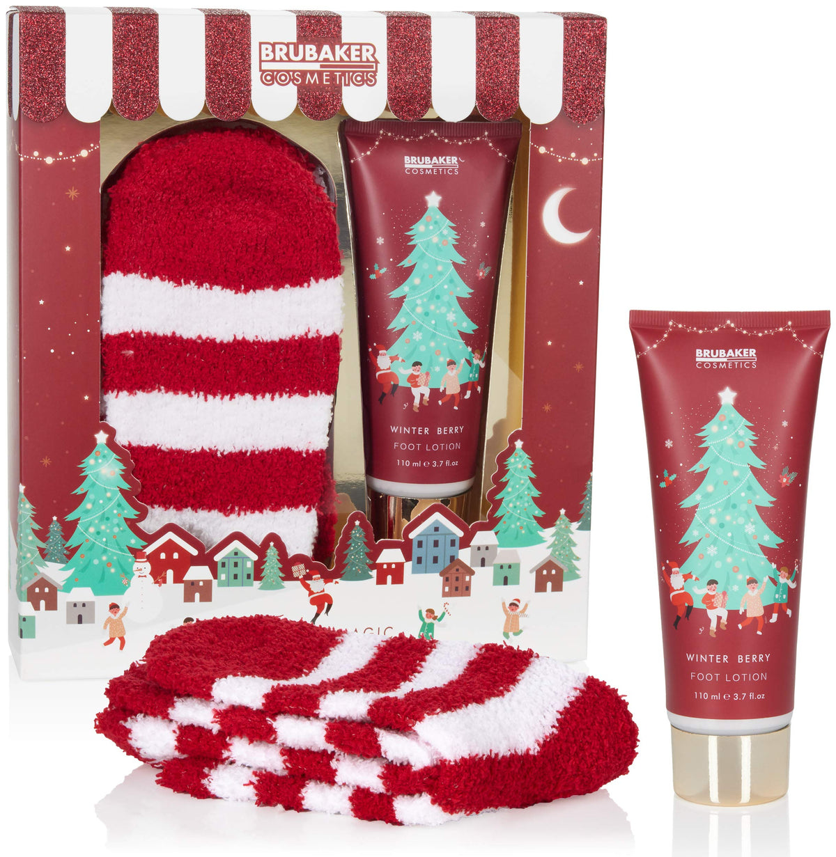 BRUBAKER Cosmetics Gift Set Winter Berry Fragrance - Extra Soft Plush Socks with 3.7 fl. oz. Foot Lotion - Foot Care Christmas Set for Women and Men