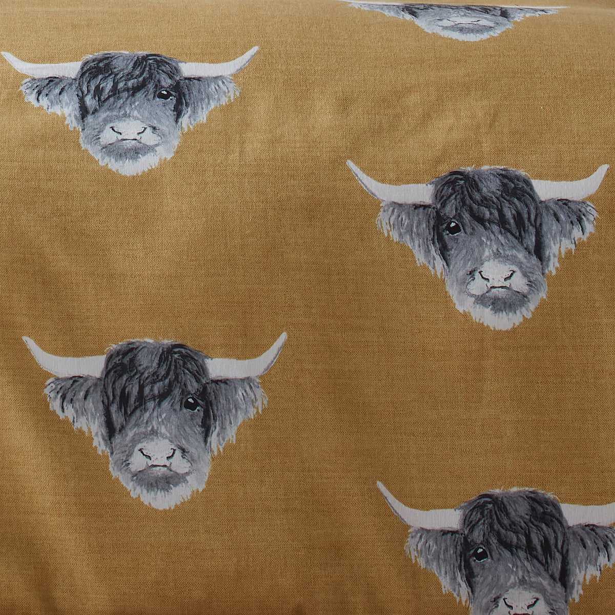 Fusion - Ochre Yellow Highland Cow Duvet Cover - Super King Bedding Size (260 x 220cm) - Reversible Design (Ochre & Grey) - Farm Cow Bedding in