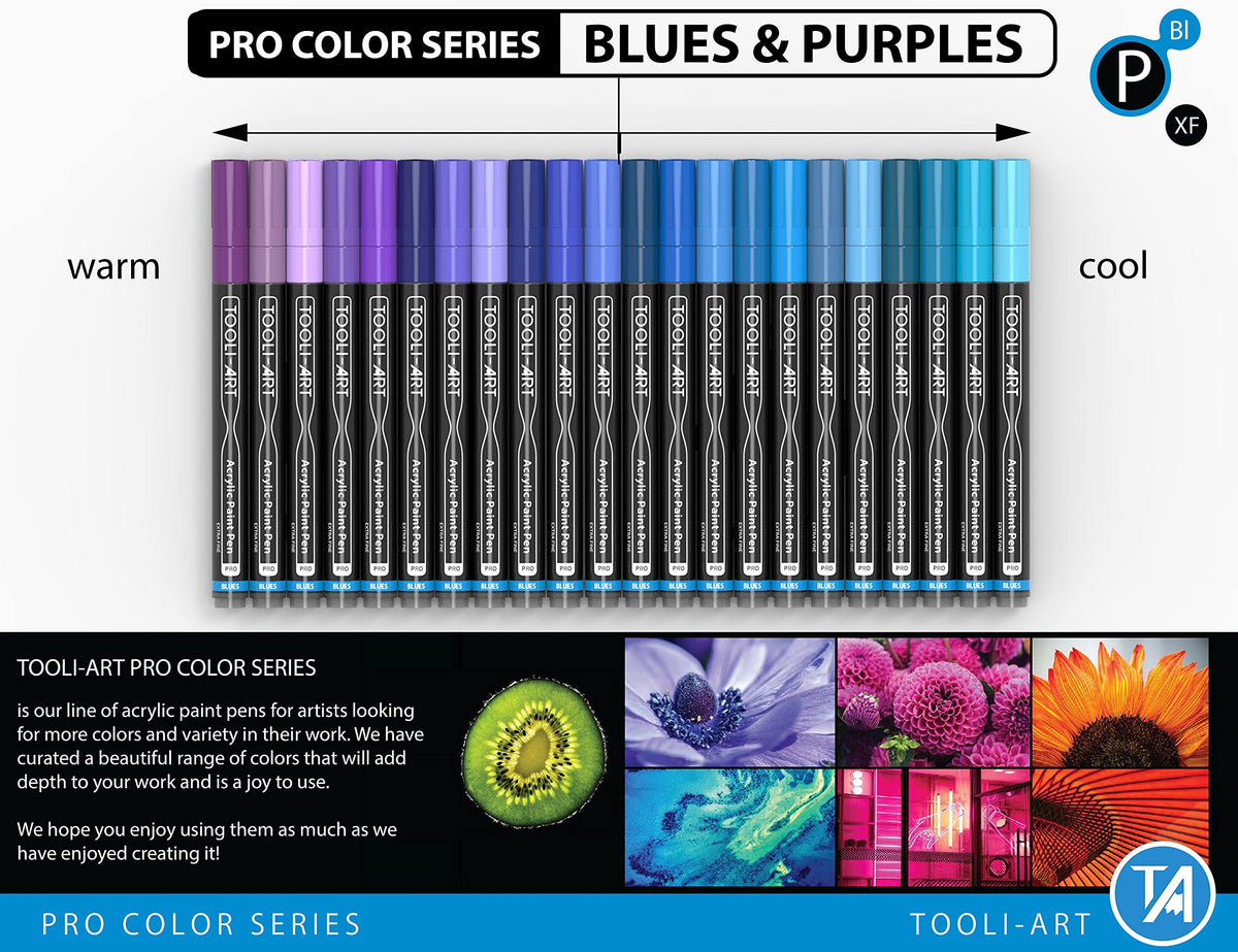 Acrylic Paint Pens 22 Blue & Purple Tones Assorted Pro Colour Series Markers Set 0.7mm Extra Fine Tip for Rock Painting, Glass, Mugs, Wood, Metal,