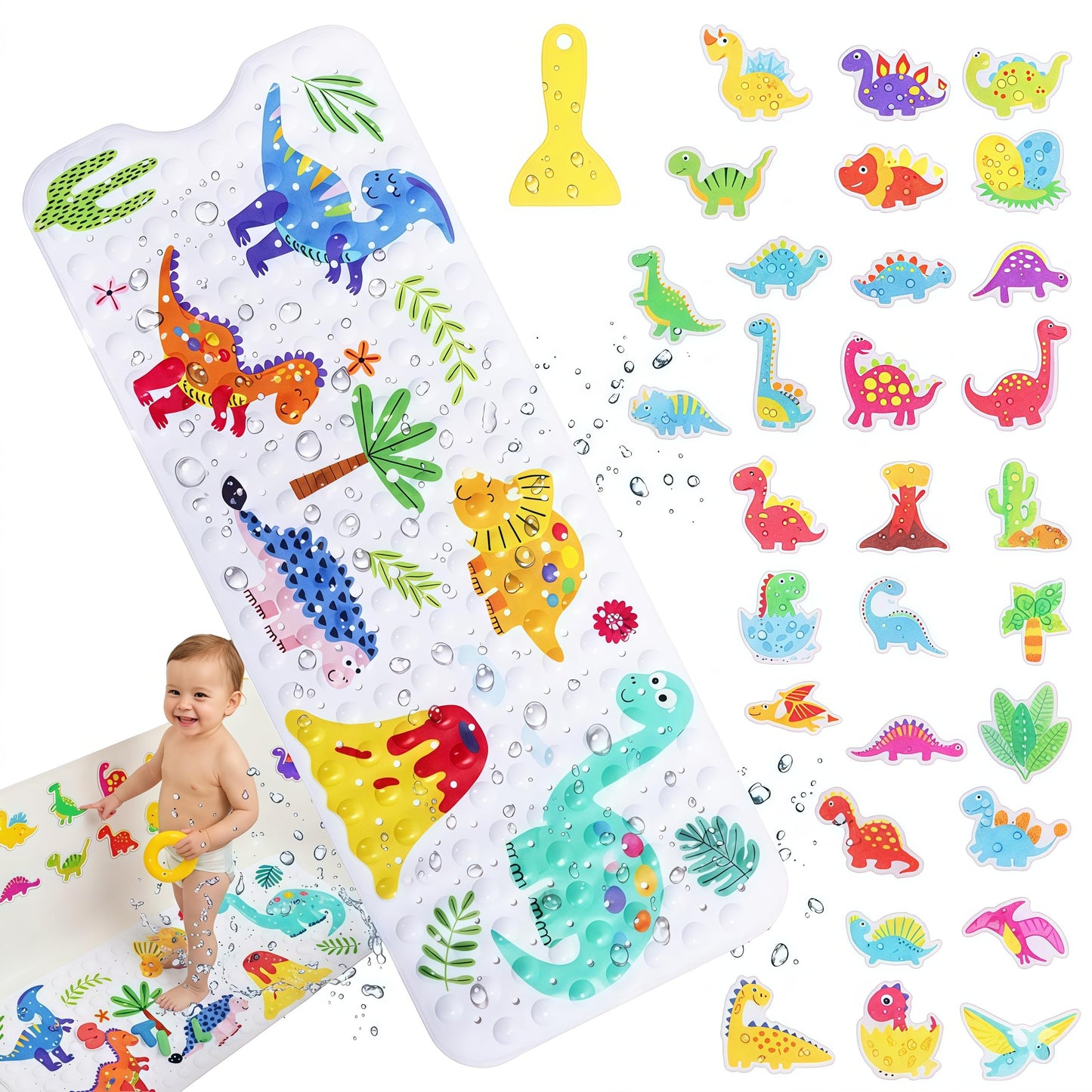 GWCYMYD Baby Bath Mat Non Slip Anti Mould, 100x40cm Extra Long Bathtub Mat for Kids with 30 Shower Stickers