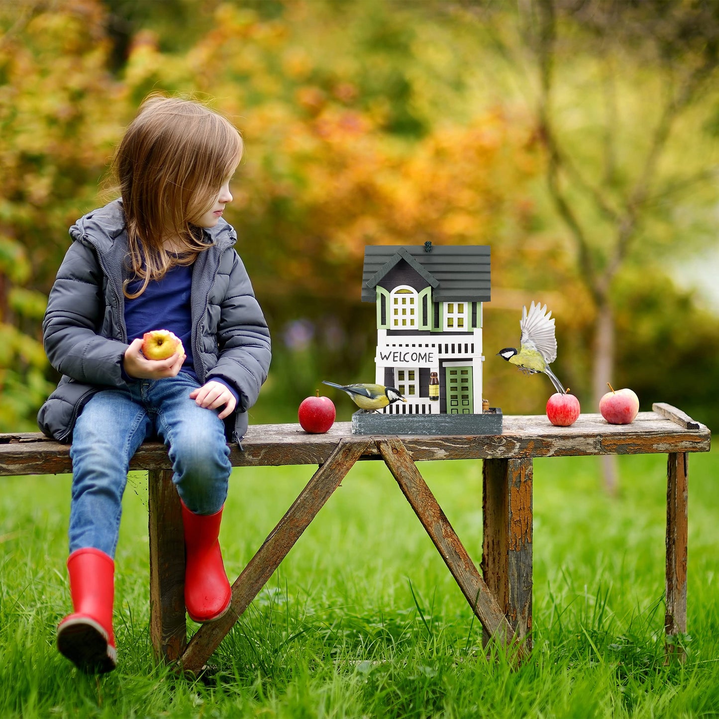 Relaxdays House, Feeding Station for Wild, Hang up, 18x18x23.5cm, Bird Feeder Made of Wood, Colourful