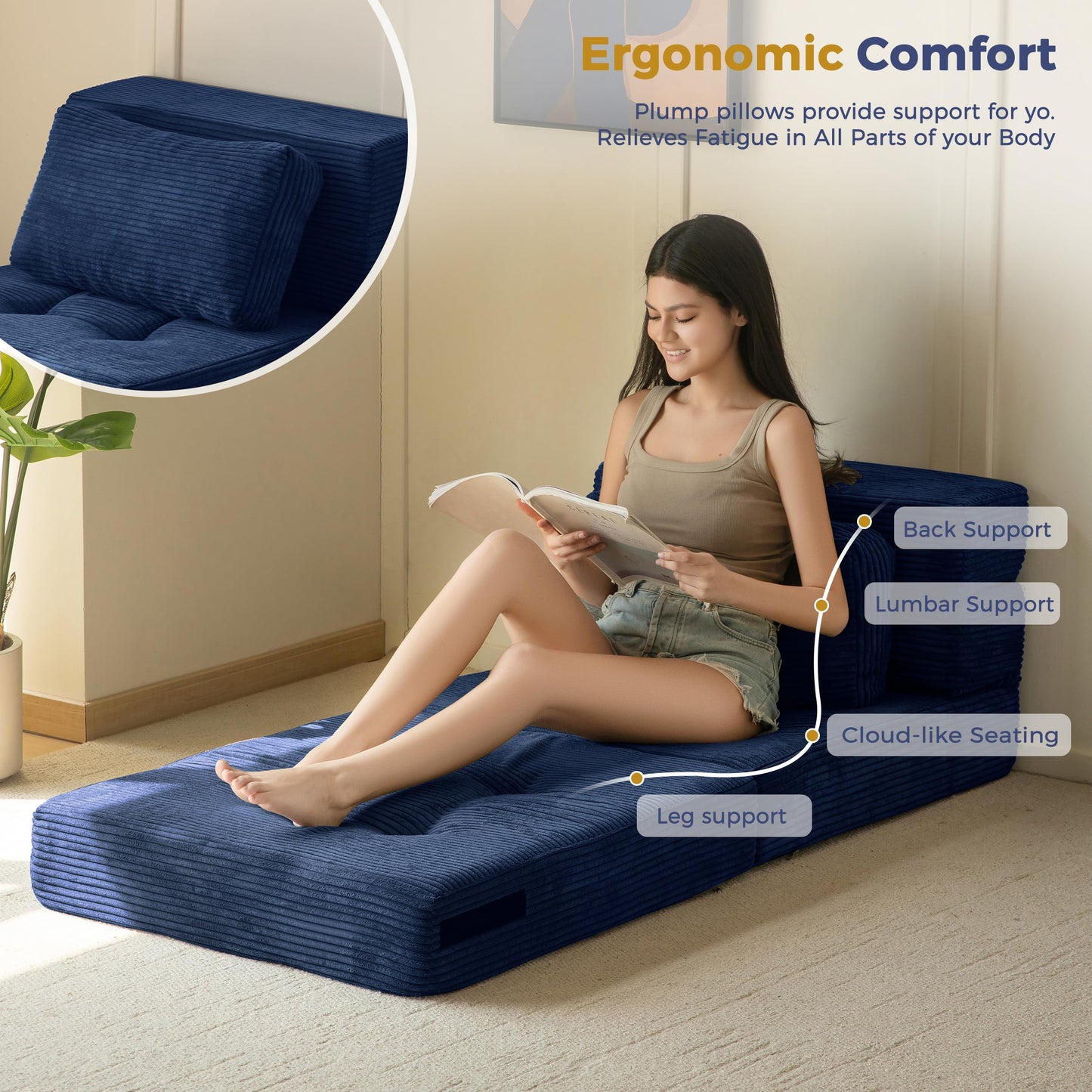 MAXYOYO Folding Foam Sofa Bed, Tri-Fold Mattress with 1 Pillow, Convertible Sofa Chair Futon Z Bed with 15cm Thincken Foam