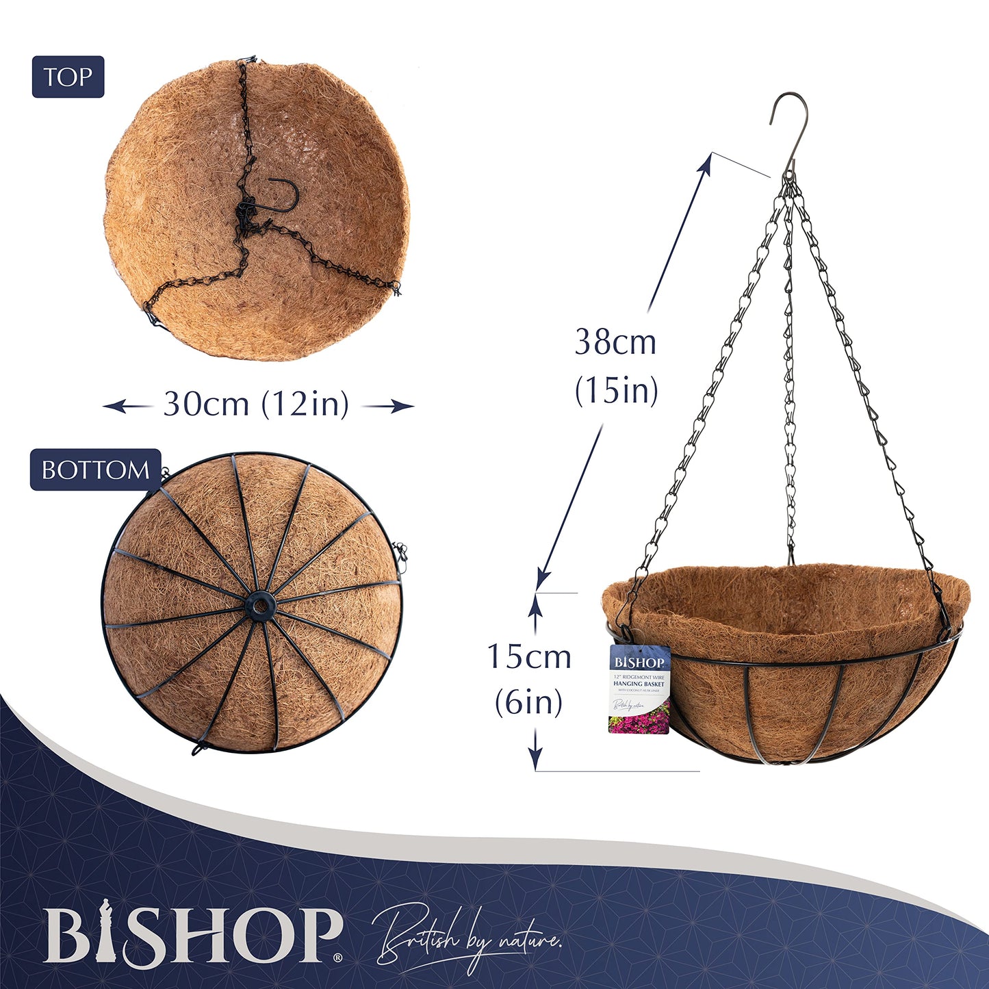 Bishop Hanging Basket With Liner ? Includes Coco Liners for Hanging Baskets, 12 inch Black Wire Basket ? Ideal Gardening Gifts For Mum ? Great Garden