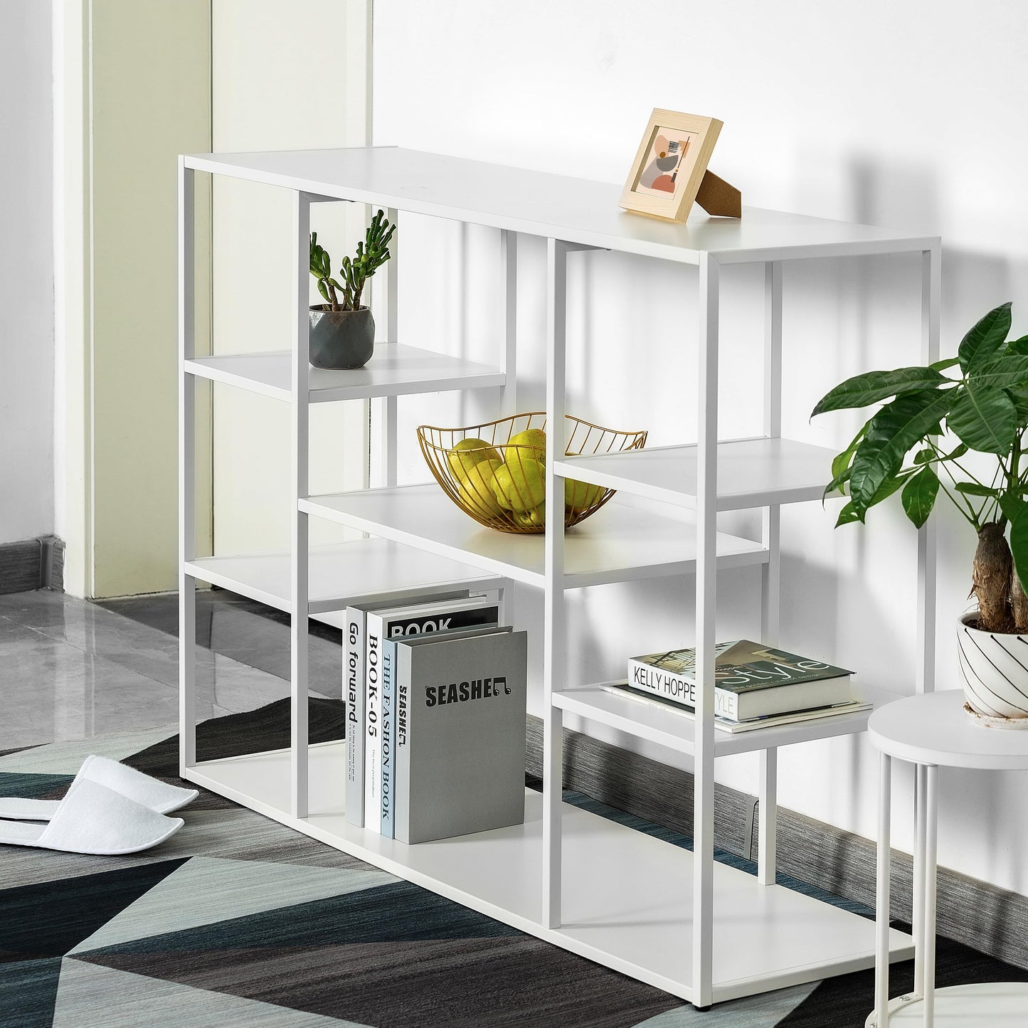 HDANI 120cm Long Sofa Console Table,Narrow Modern Entryway Table Behind Couch with Storage Shelves,4 tier Shelf Bookshelf for Living