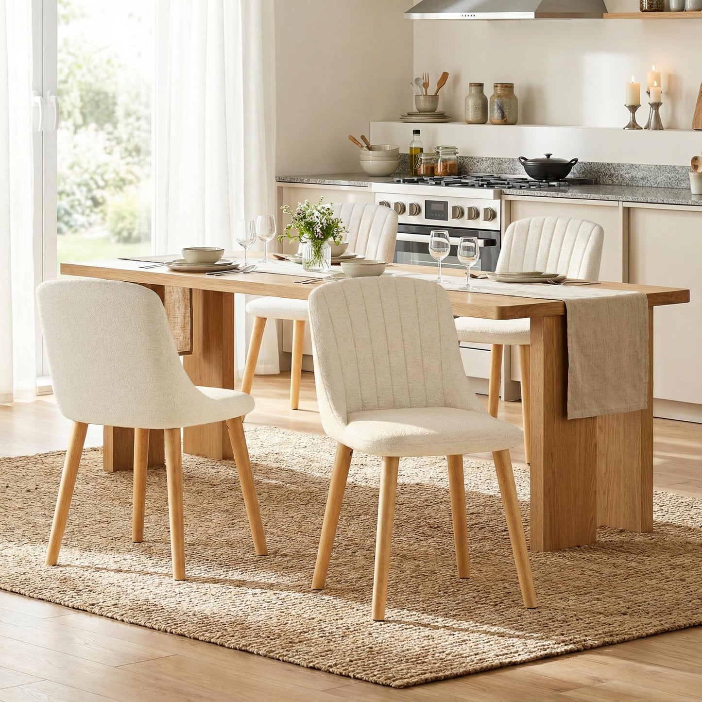 Goeurvant Dining Chairs Set of 4 Upholstered Armchairs with Wooden Legs Kitchen Chairs for Living Room, Beige-Chenille