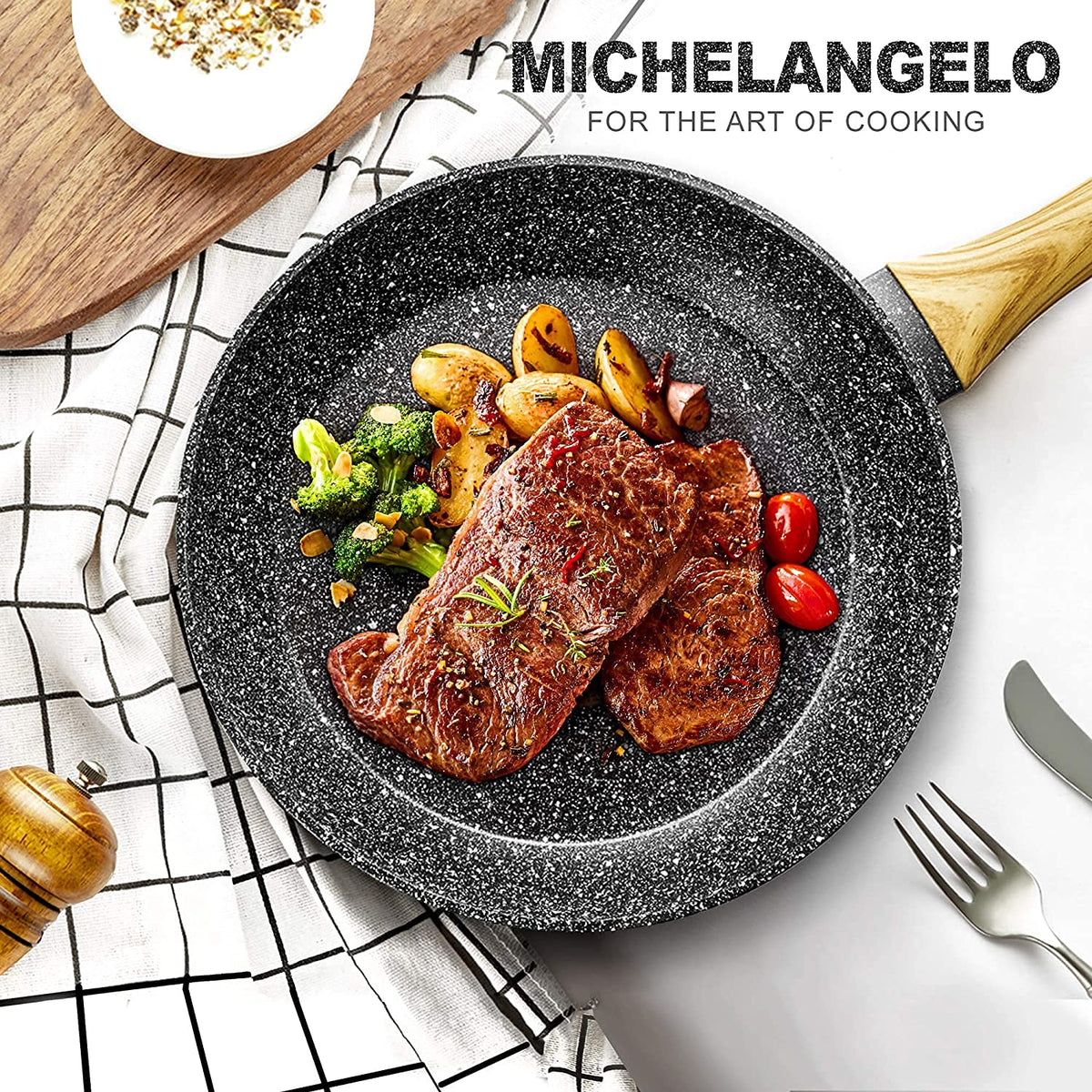 MICHELANGELO Frying Pan with Lid 28cm, Non Stick Frying Pan 28cm with Bakelite Handle, Frying Pan with Stone-Derived, Induction Frying Pan 28cm