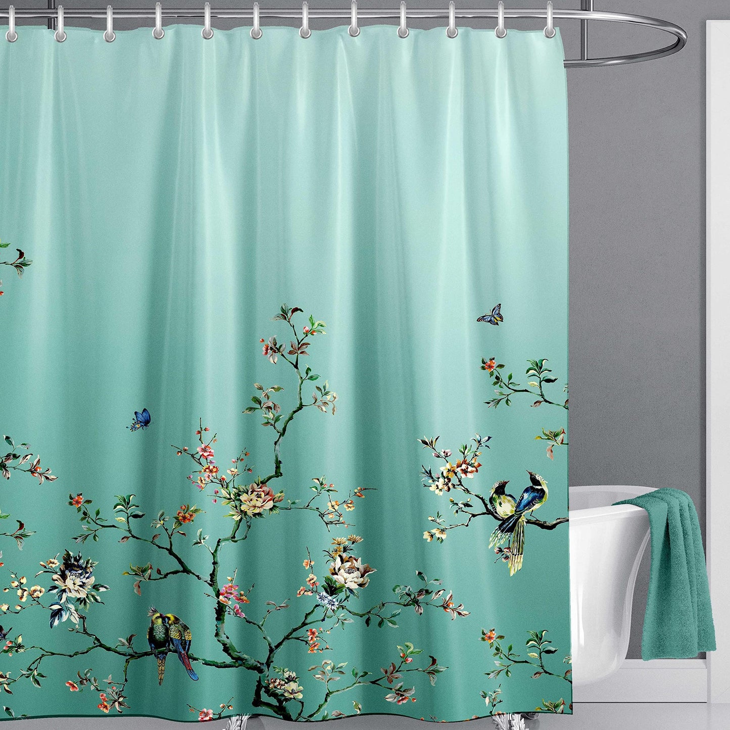 LIVETTY Ombre Green Bird Extra Long Shower Curtain 200cm ? 200cm Drop Floral Butterfly Fabric Bathroom Mould Proof Spring Washable Shower Curtain With