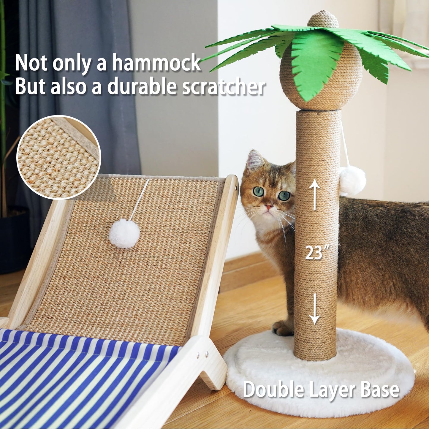 PETKARAY Cat Hammock with Coconut Palm Tree Scratching Post, Cozy Beach Chair Elevated Cat Beds, Original Cat Lounger for Indoor Cats