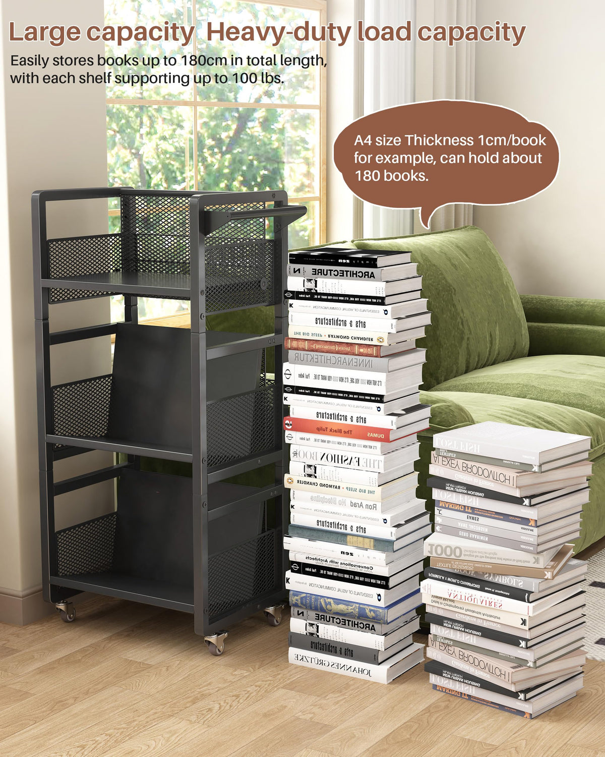 Noskox Mobile Bookshelf with Wheels, Metal 3-Tier Book Trolley