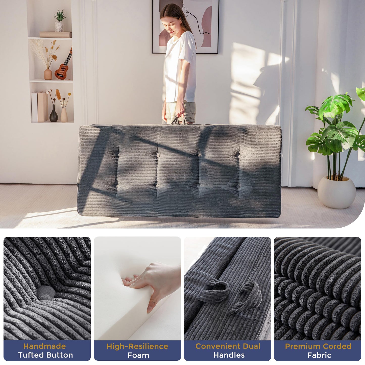 MAXYOYO Folding Mattress Double, Comfy Foldable Sofa Couch Bed, Guest Mattress with Handles Floor Futon Sofa Bed for Guest
