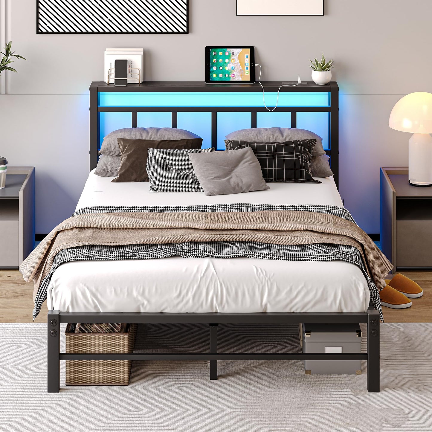 VECOCHO 4ft6 Double Bed Frame with Storage Headboard and Charging Station,Metal Bed Frame Double Bed with LED Lights,Strong Steel Slats