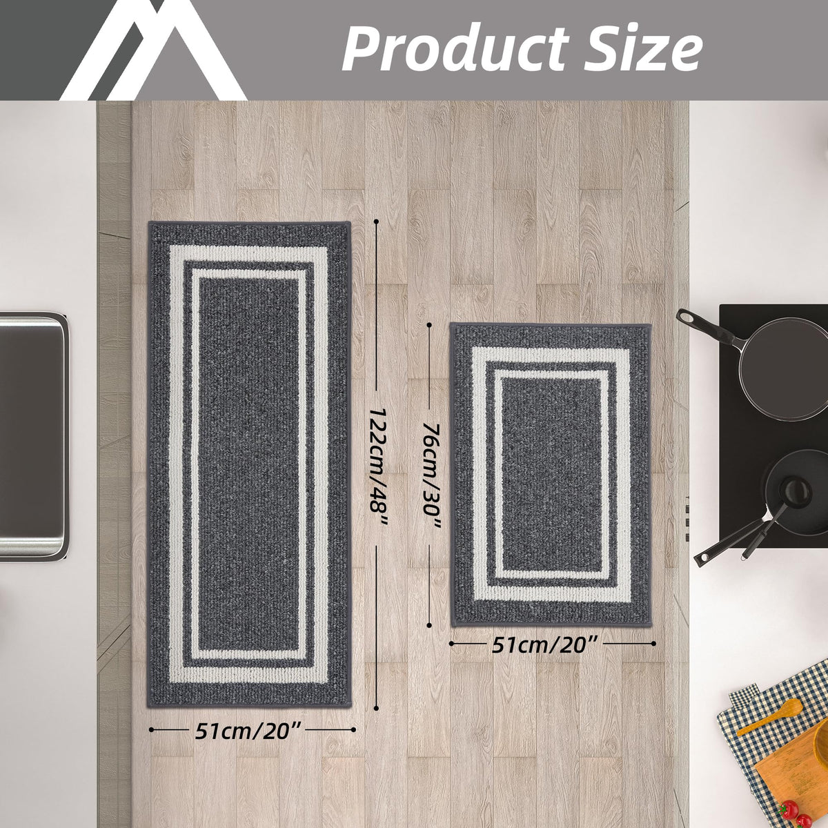 COSY HOMEER Kitchen Rugs 2 Pieces, 51x76cm+51x122cm, Absorbent and Stain-Resistant Kitchen Mats Non-Slip, Machine Washable Kitchen Runners Floor Mat