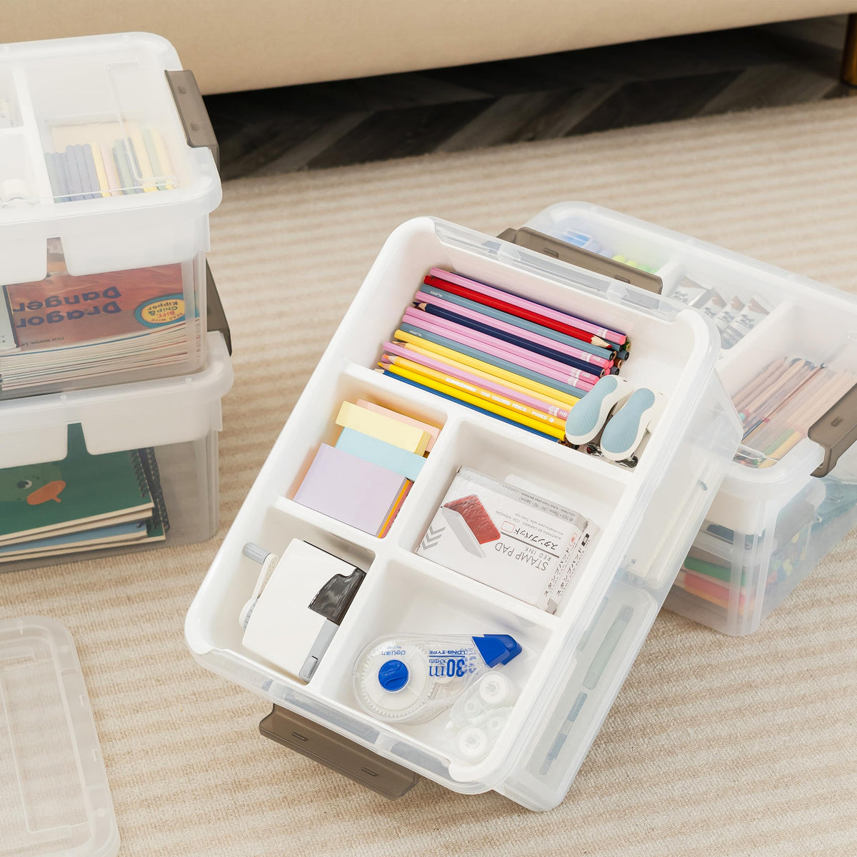 Citylife 4 Packs 16L Plastic Storage Boxes with Removable Tray Clear Plastic Box large Storage Box with Lid Stackable Storage Boxes for Organizing