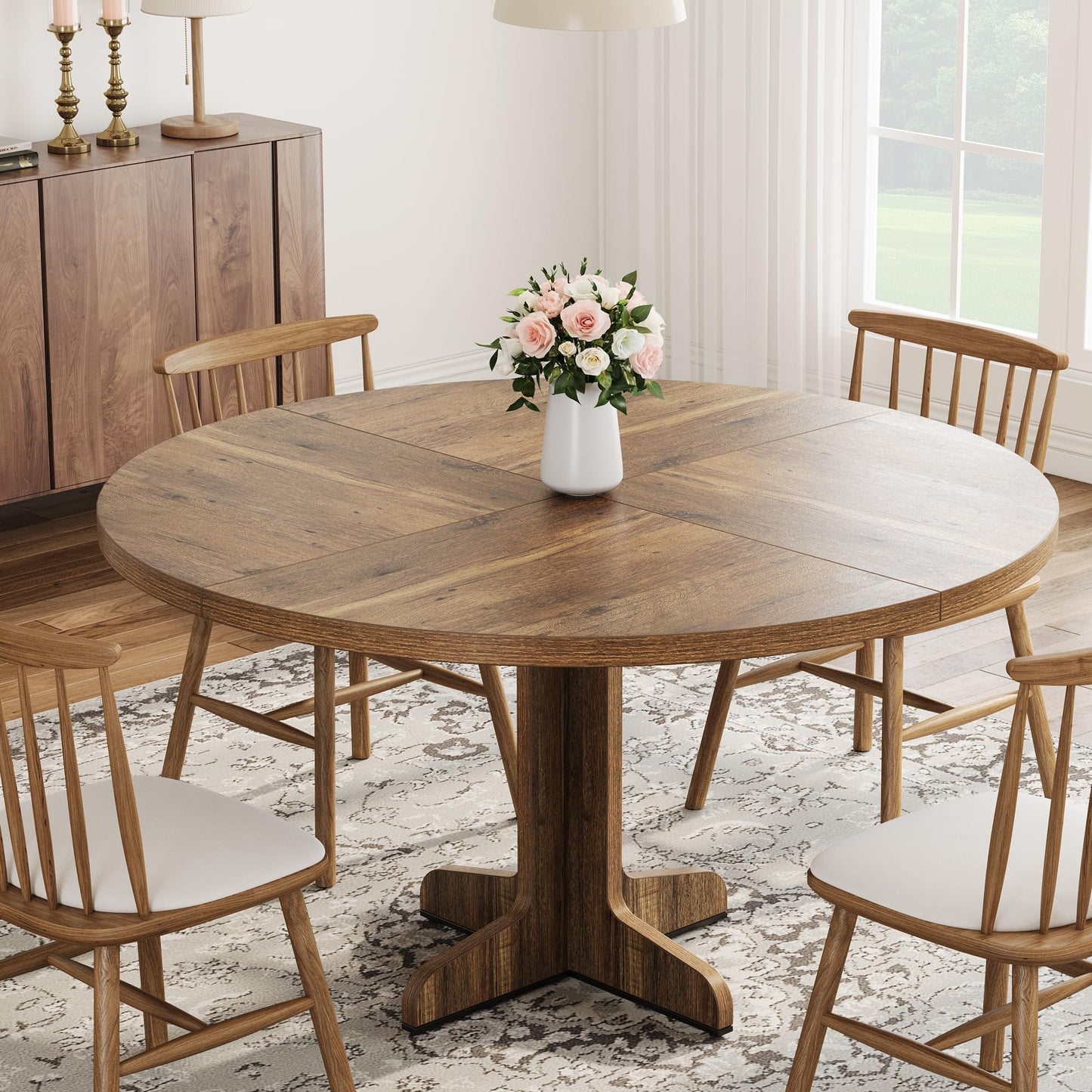 Crevyteg 47.2in Round Dining Table for 4-6 People, Farmhouse Kitchen Table with Wooden Tabletop and Legs