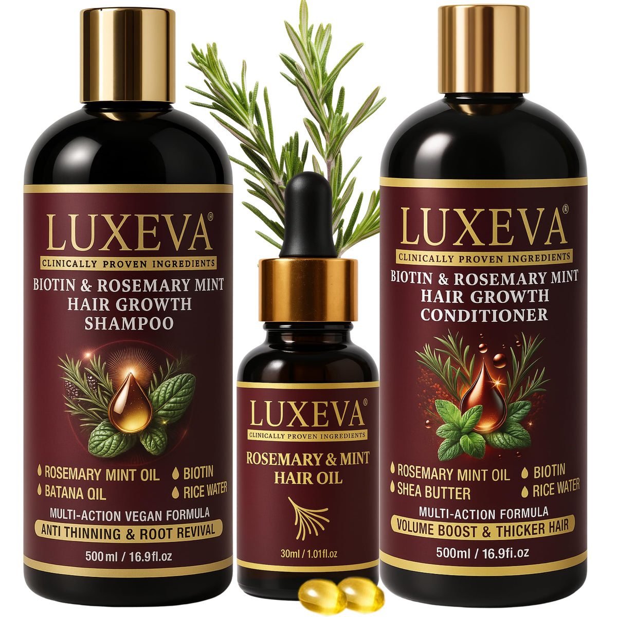 LUXEVA 3 in 1 Biotin & Rosemary Hair Growth Shampoo & Conditioner Set For Thicker, Fuller Hair | Sulphate Free Shampoo, Conditioner & Serum for Volume