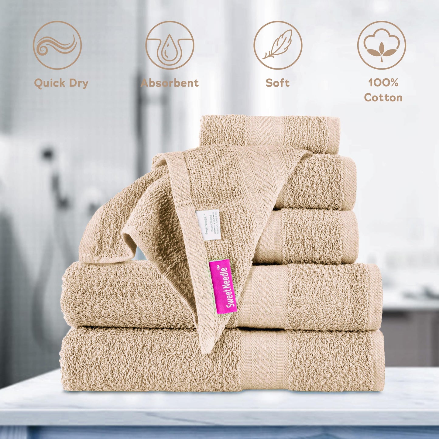 SweetNeedle 6 Piece Towel Set - 2 Bath Towels, 2 Hand Towels and 2 Washcloths Cotton Daily Use Hotel Spa Quality Soft Highly Absorbent Quick Dry