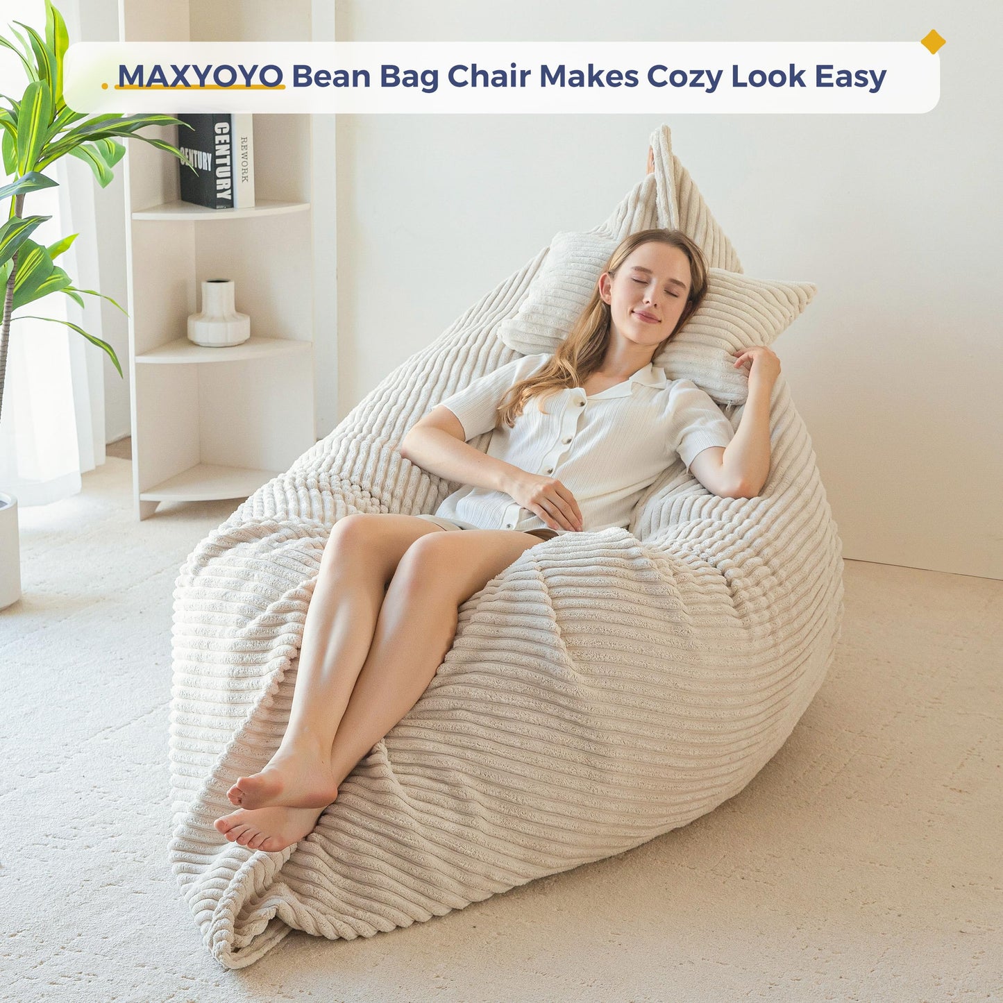 MAXYOYO Giant Bean Bag with Pillow, Soft Corduroy Removable Cover, Large Floor Cushion with Fluffy Foam Filling, BeanBag Chair for Adults & Kids