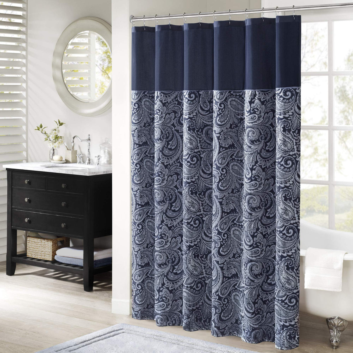 Madison Park Aubrey Shower Curtain Paisley Jacquard Pieced Microfiber Faux Silk Modern Home Bathroom Decorations Bathtub Privacy Screen, Decorative