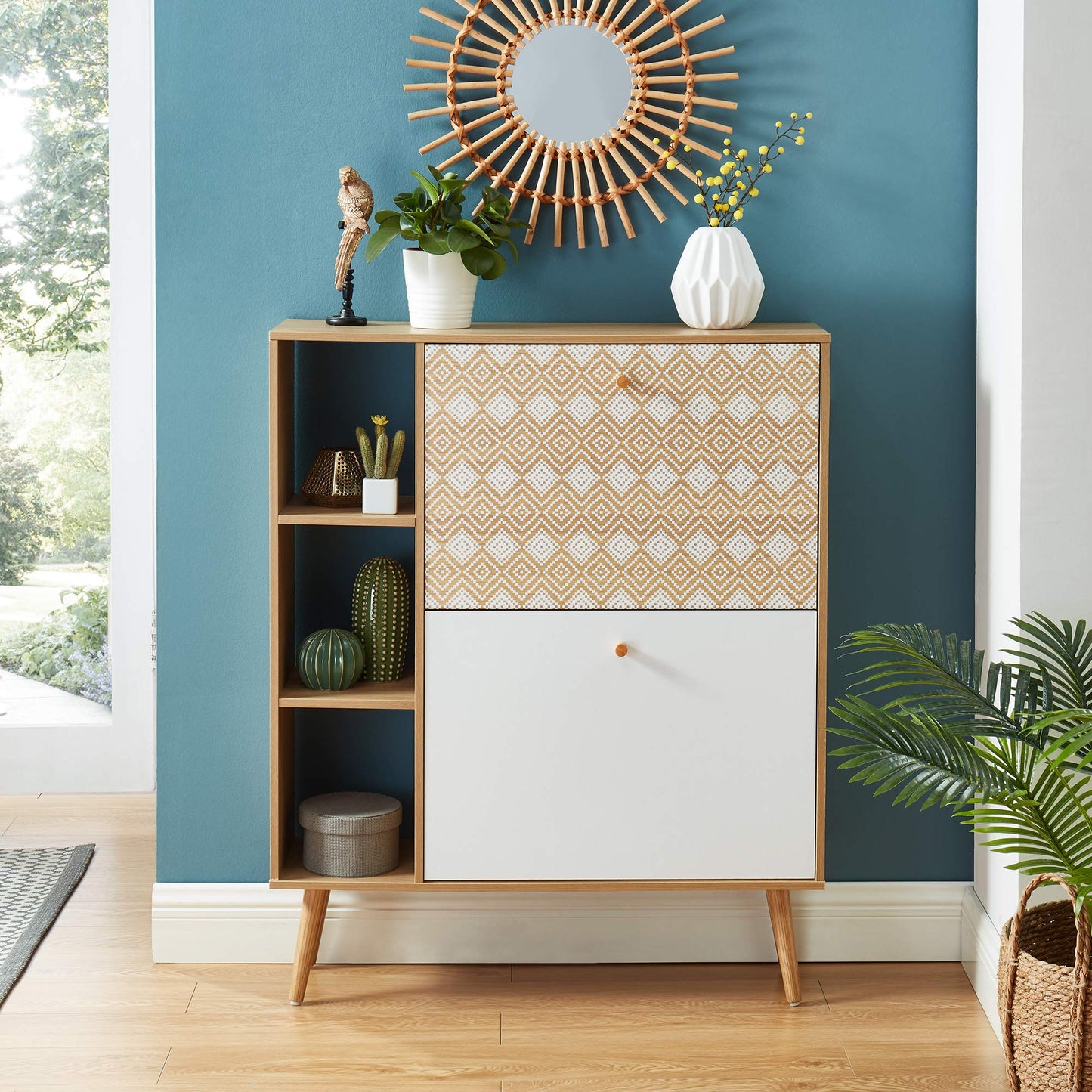BAÏTA LEIKA shoe cabinet, patterns and oak effect, 80cm