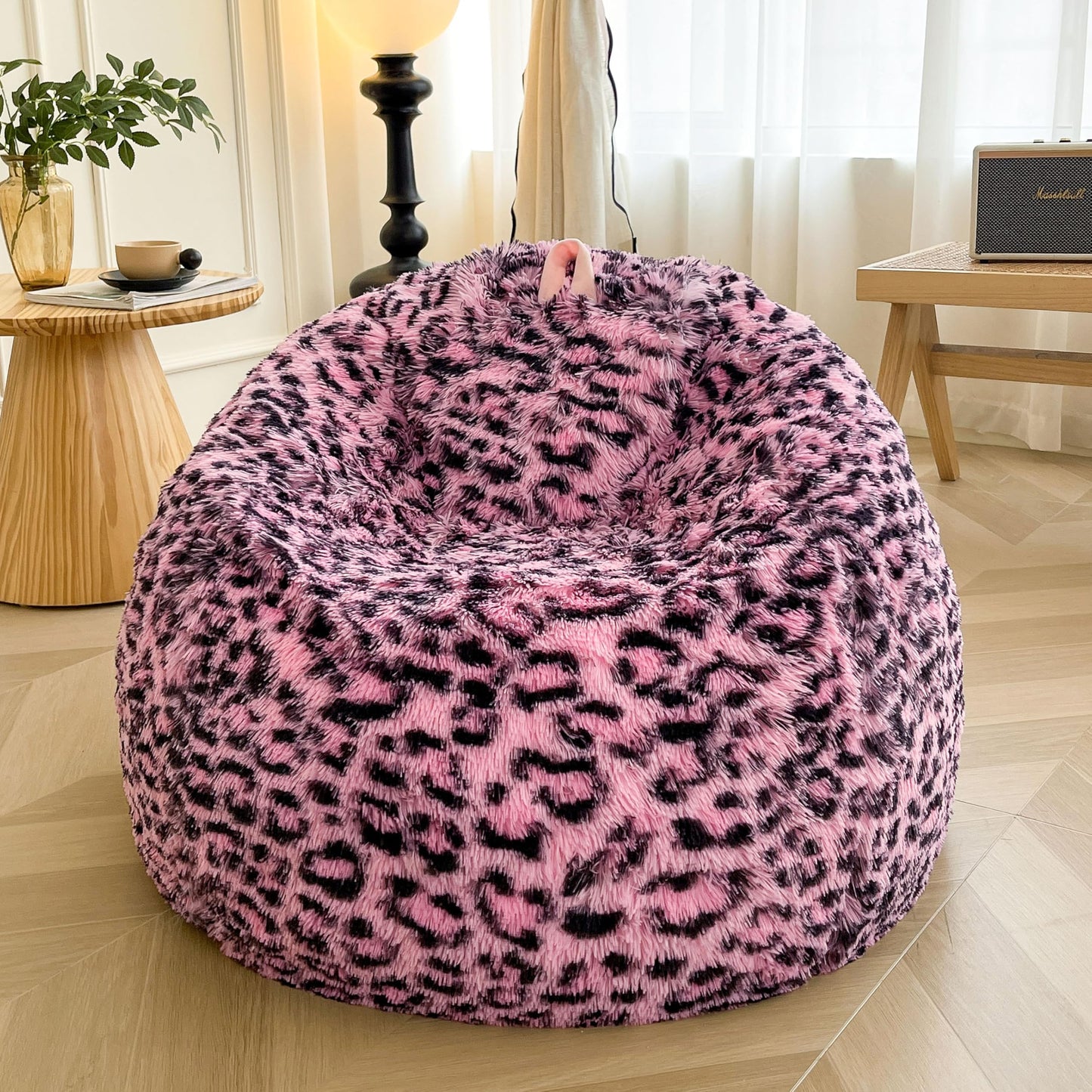 XeGe Faux Fur Leopard Print Bean Bag Chair Cover(No Filler), Black and Pink