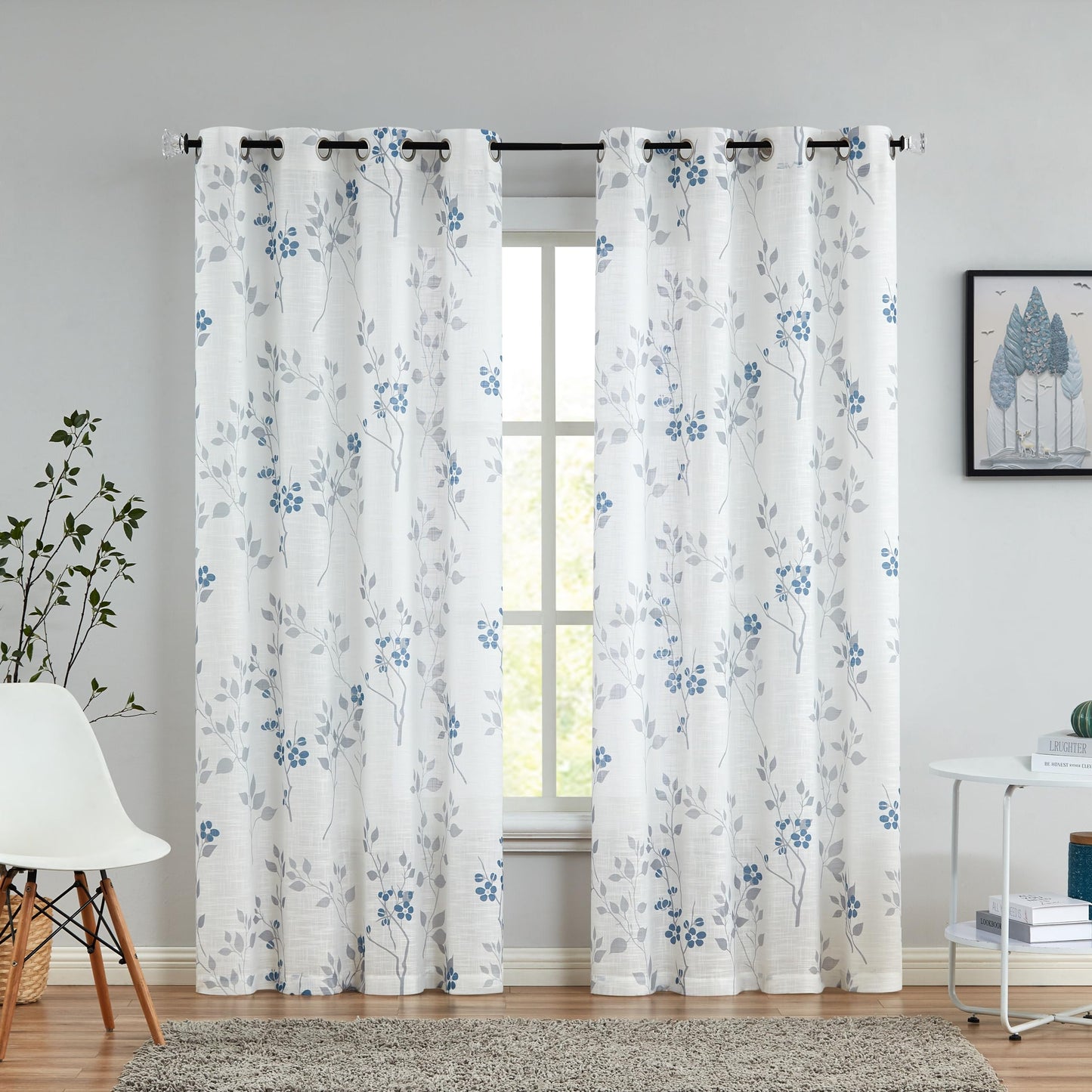 Beauoop Blue Grey Semi Sheer Floral Curtains for Living Room 90 Drop Linen Textured Farmhouse Curtains for Bedroom Leaf Printed Eyelet Rustic Drapes