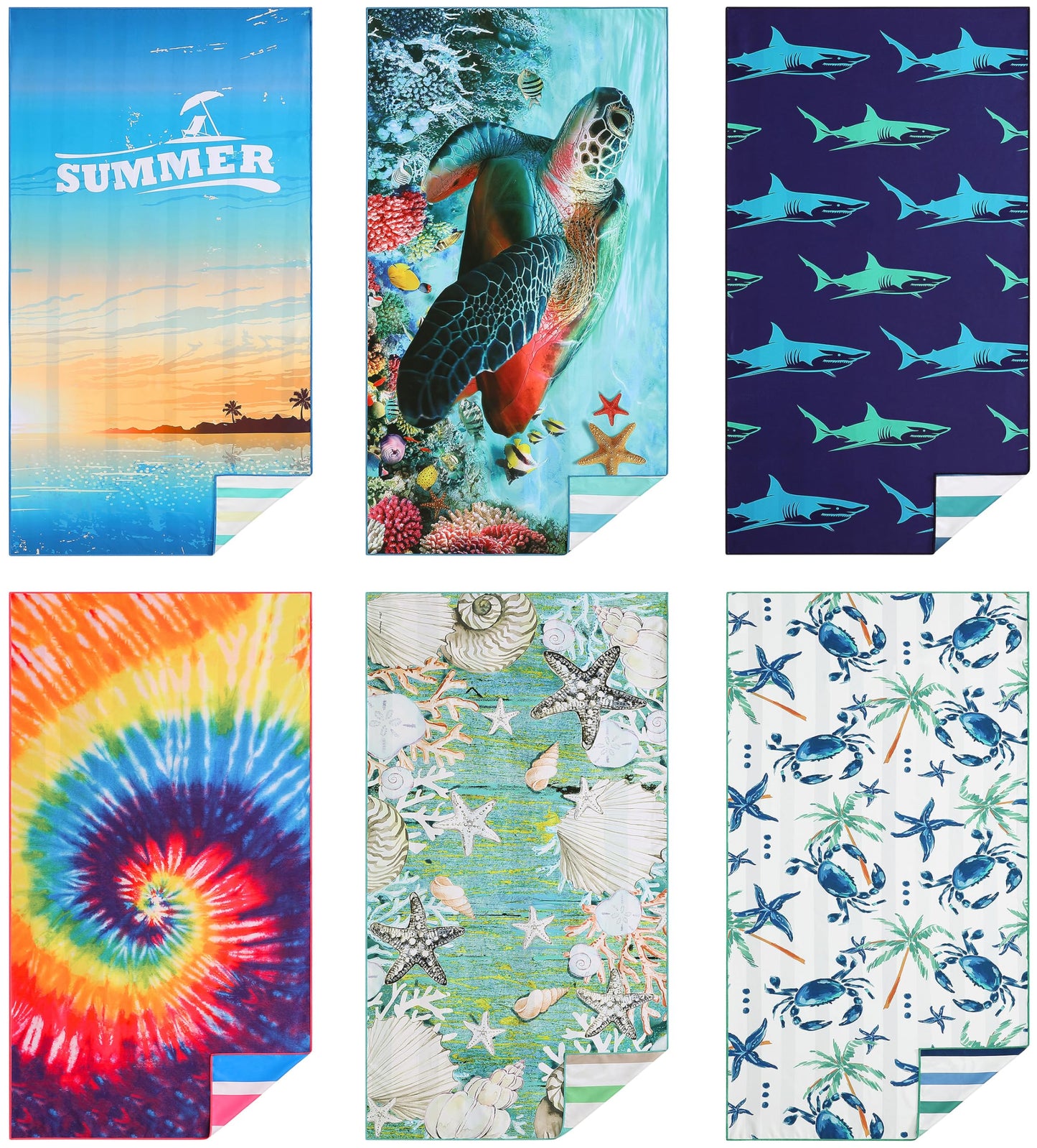 Casa Platino 6-Pack Oversized Beach Towels – 71"x32" Lightweight, Sand-Free Microfiber – Quick-Dry, Double-Sided Printed Towels for Pool, Swim