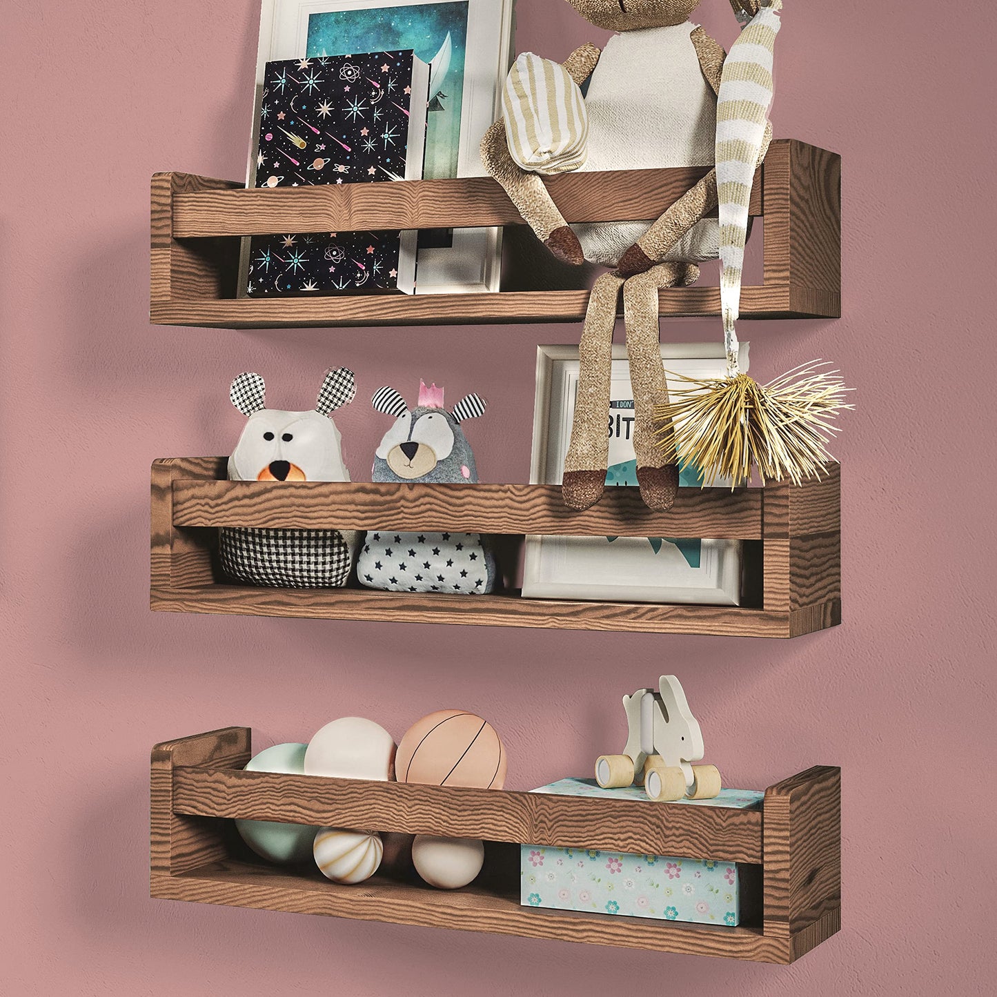NATURE SUPPLIES Set of 3 Nursery Shelves Wall Mounted Children?s Wooden Floating Bookshelf for Bedroom, Bathroom, Kitchen Storage Shelves Kids Decor,