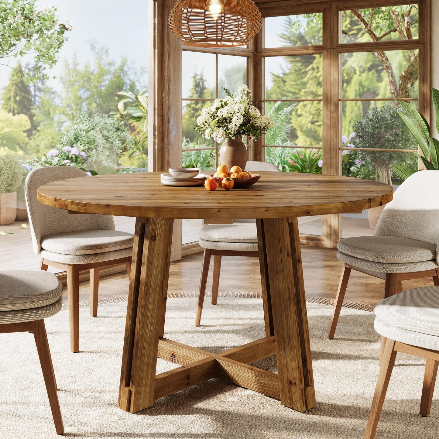 TRIBEWOOD Farmhouse 47.3'' Solid Wood Round Dining Table for 4-6, Cross Base Kitchen Table, Rustic Wooden Dining Room Table