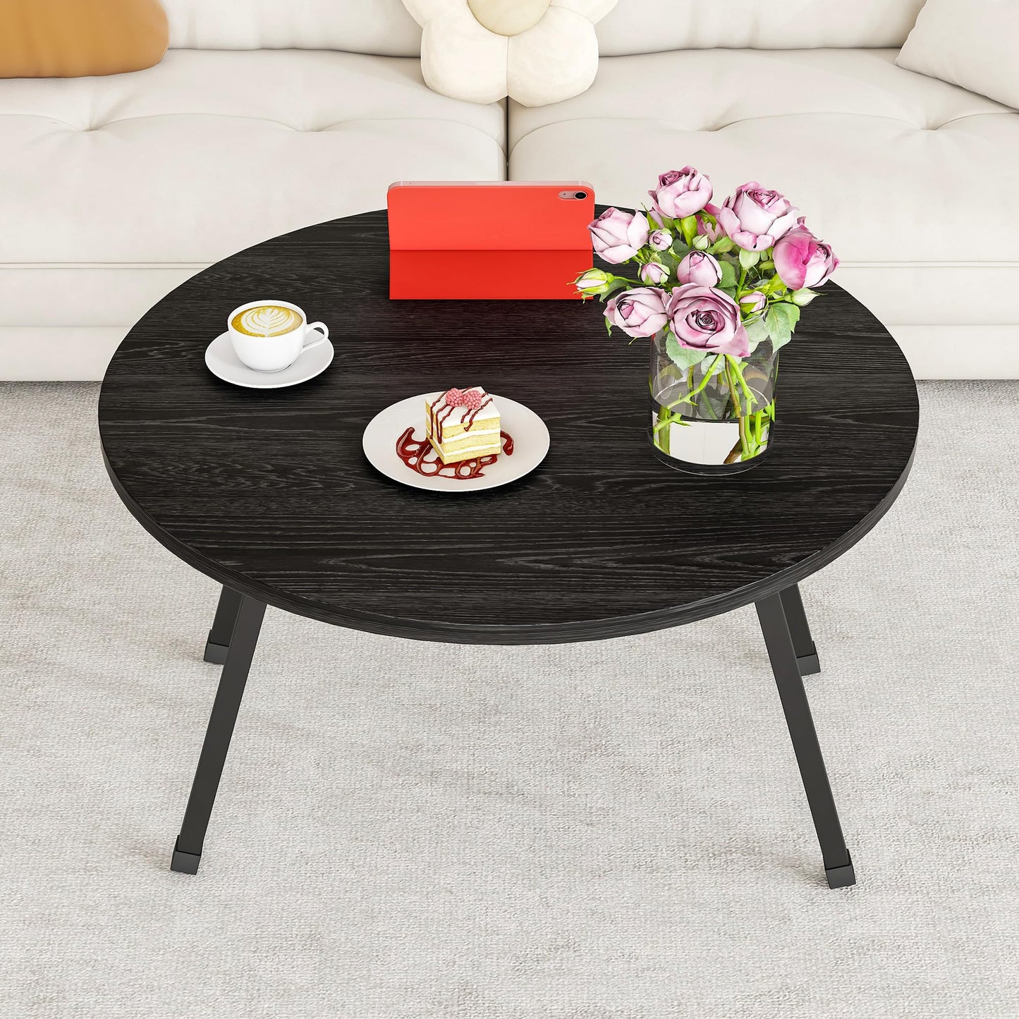 BOPRHOM Folding Coffee Table,Round Coffee Tables for Living Room/Bedroom,Space Saving Small Foldable Coffee Tables,Tea Table Side Table Center Table