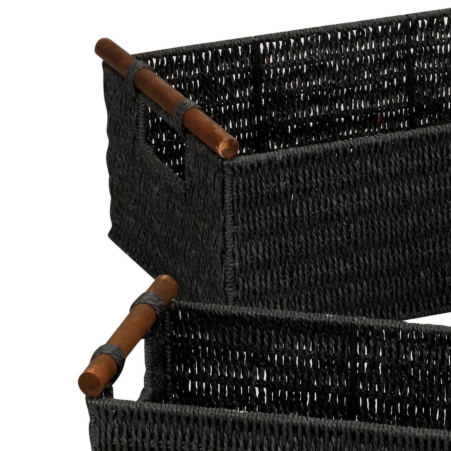 Household Essentials Decorative Woven Baskets, Set of 3 Baskets, Paper Rope with Wood Handles, Sturdy Metal Frame, Small, Medium and Large, Black