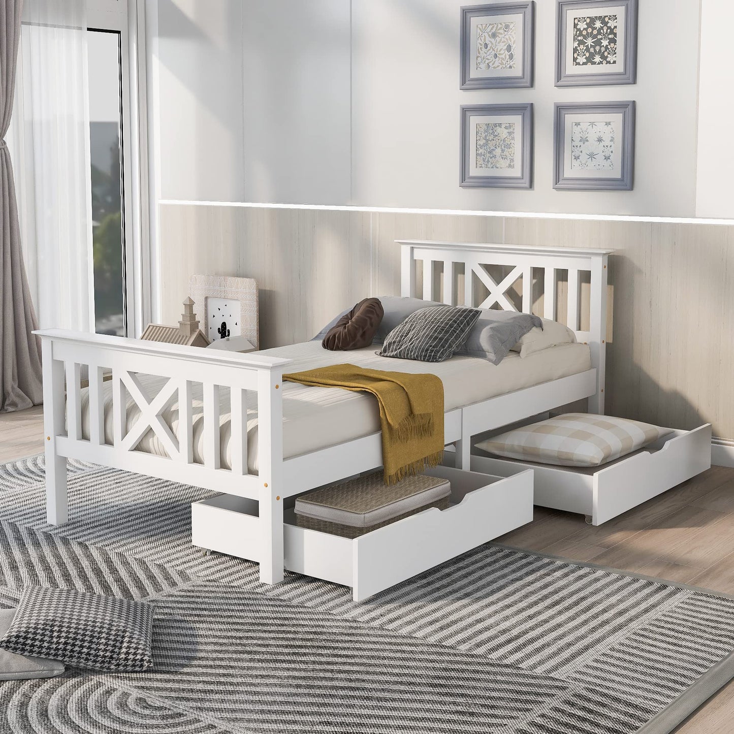 BTM Single Bed with Drawers, Wooden Single Bed with Storage, 3FT-90x190cm Solid Pine Wood Single Guest Bed For Adults, Kids, Teenagers (White)