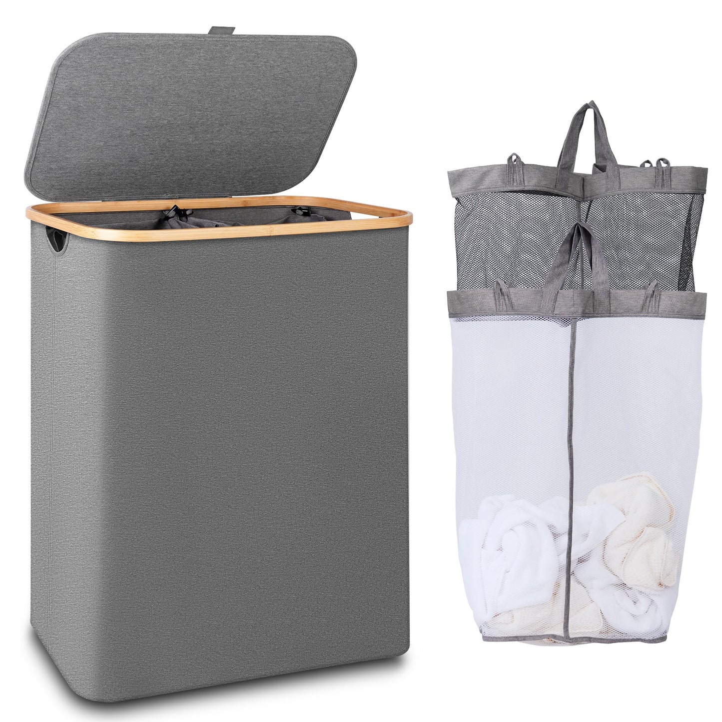 iEGrow Laundry Basket 2 Compartments 150L, Large Washing Baskets for Laundry with Removable and Washable Inner Bags, Laundry Hamper with Lid and