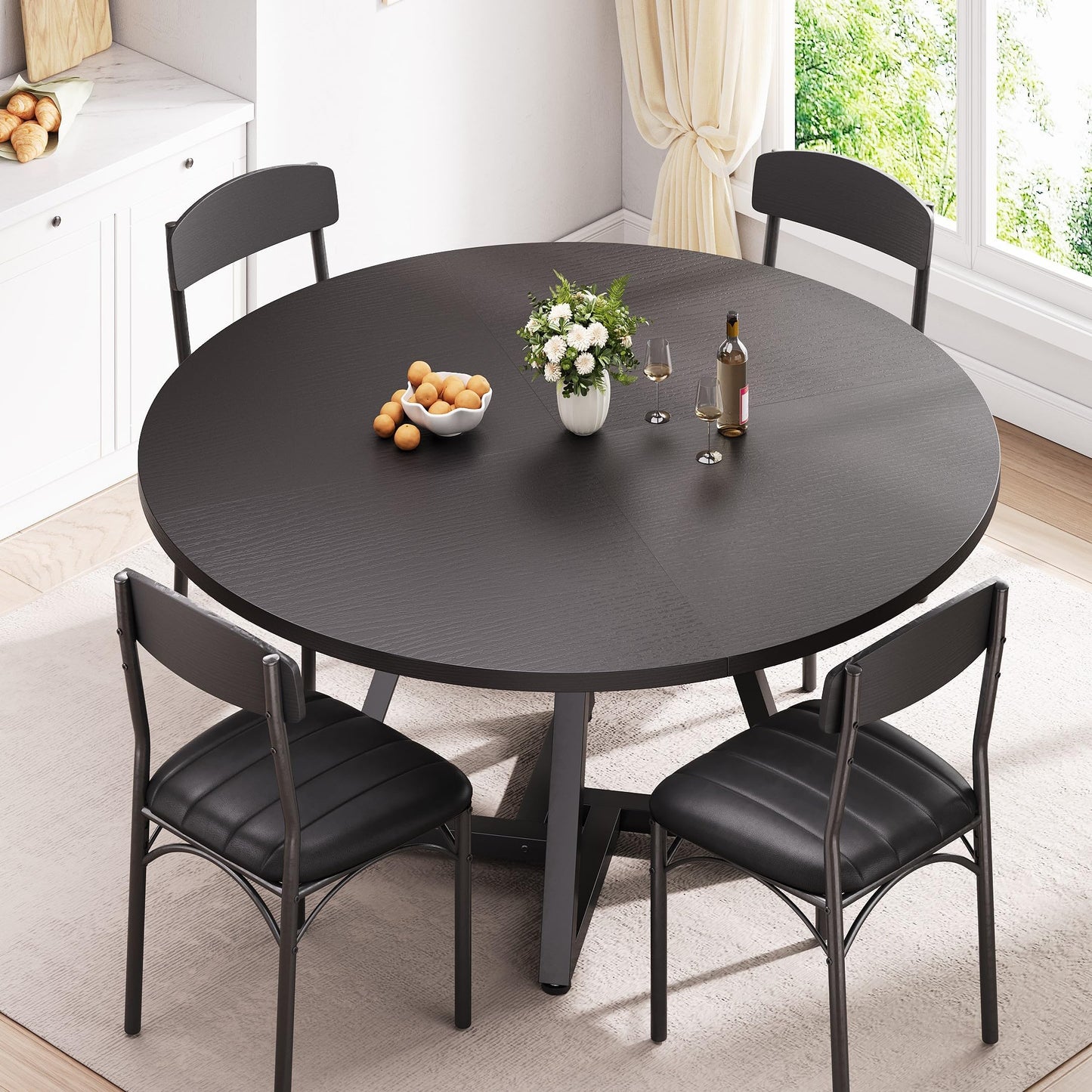 Jocoevol Round Kitchen Dining Table for 4 People, Circle Dinner Table with Metal Frame, Space Saving Wood Industrial Furniture (Black, 47 inch