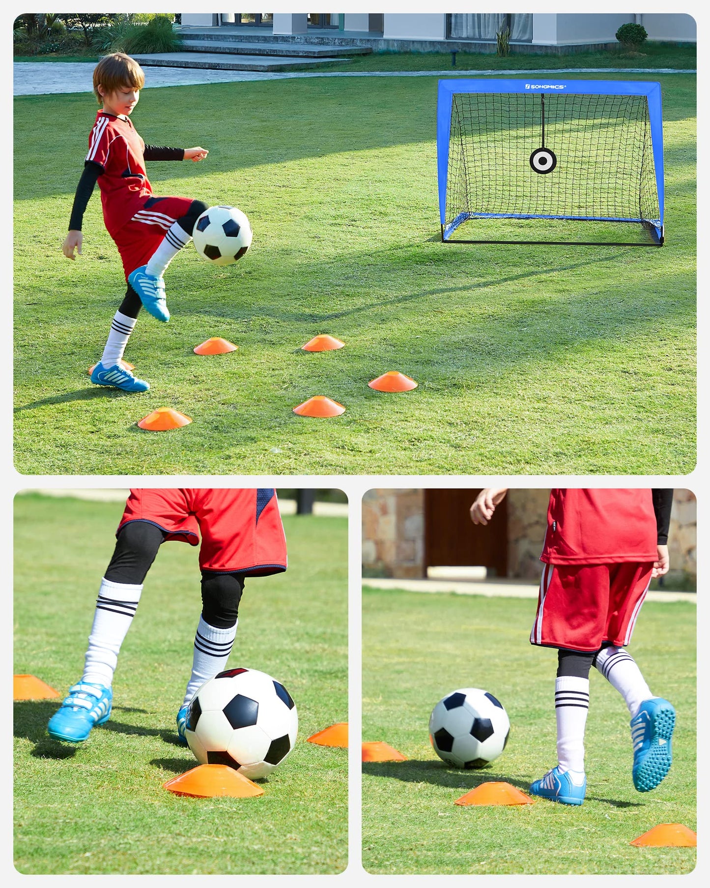 SONGMICS Football Goal Set of 2, Portable Football Nets with Targets and Training Cones, Blue SZQ422Q01