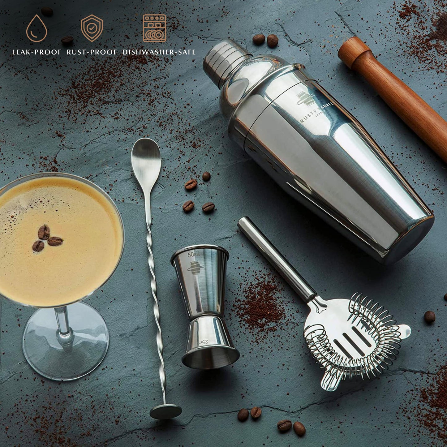 Rusty Barrel Manhattan *Limited Edition* Cocktail Making Set - Manhattan Style Stainless Steel Shaker, Muddler, Strainer, Bar Measure, Pourer, Spoon &