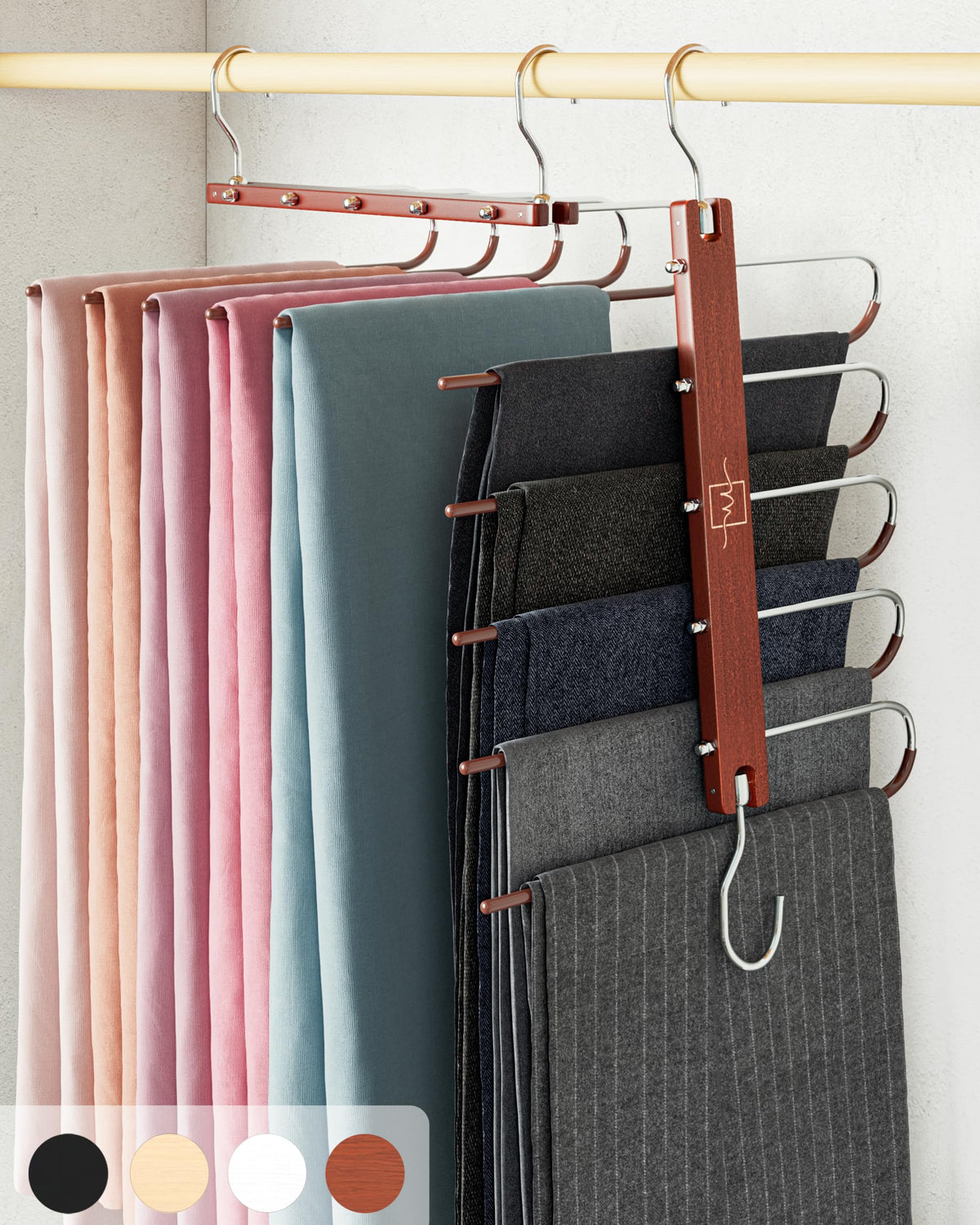 MORALVE Trousers Hangers Space Saving - 2 Pack European Beechwood Scarf and Jeans Hangers - Wardrobe Organiser and Space Saver Trouser Rack