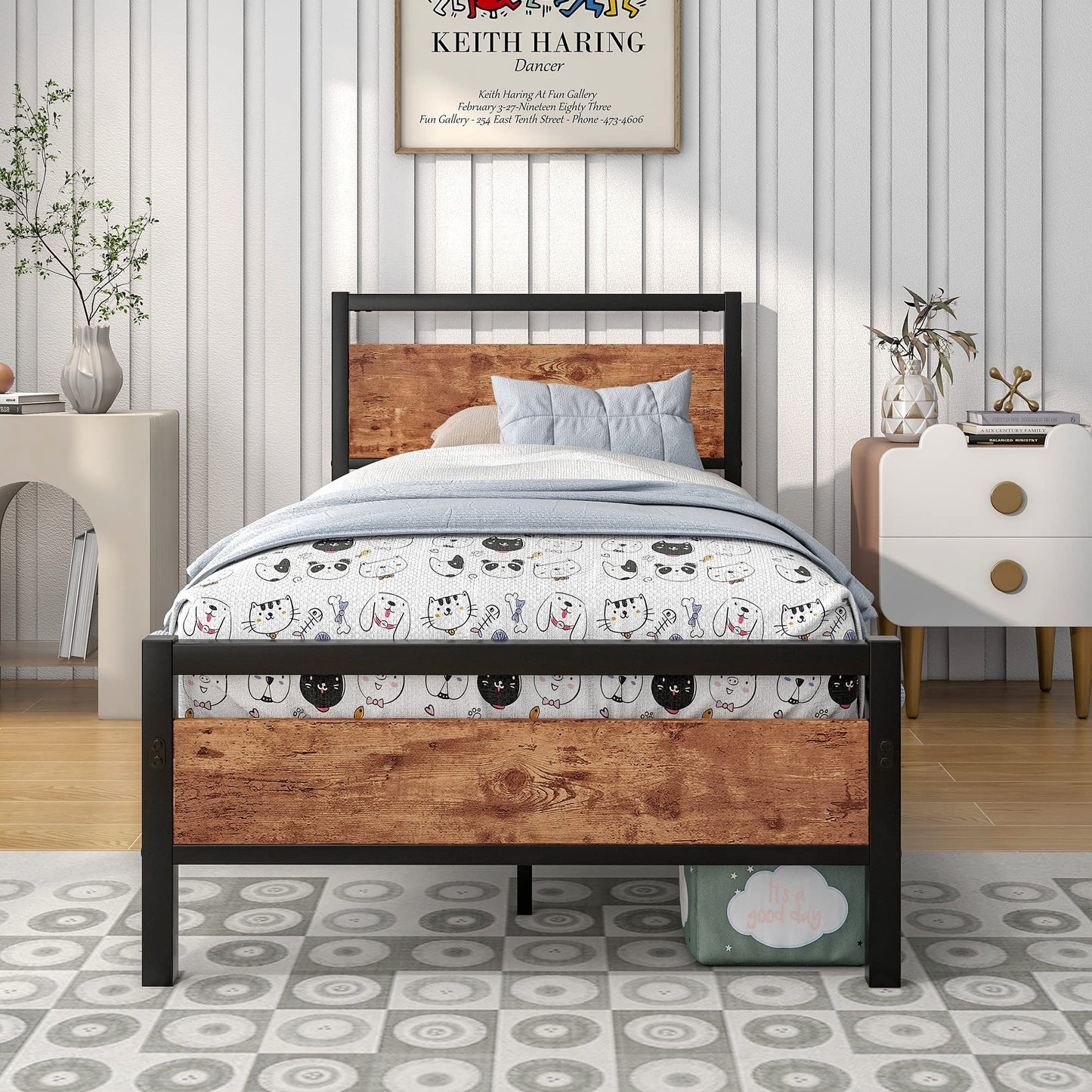 HOJINLINERO Metal Single Bed Frames with Wood Headboard,Industrial Bed Frame Single for Adult,Heavy Duty Platfrom Metal Slats Support,Easy