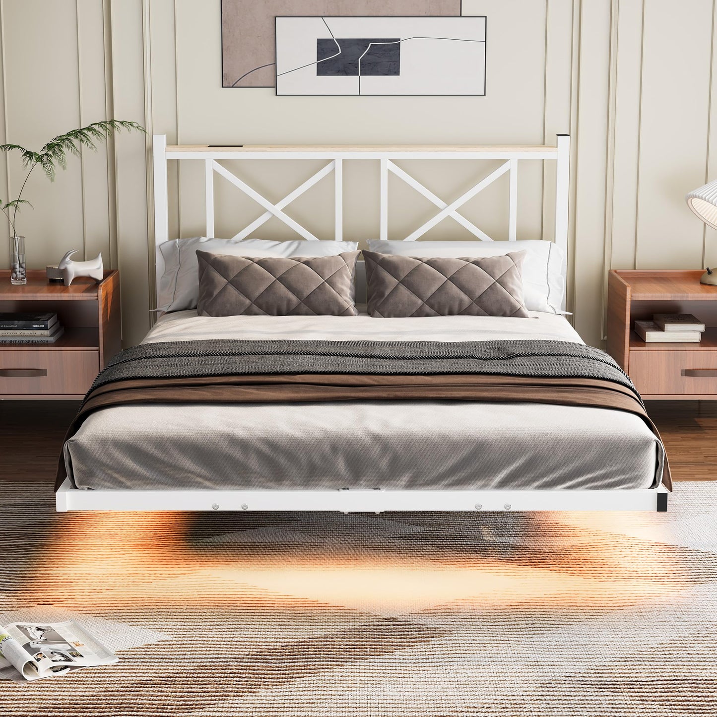 ARFARLY Double Floating Bed Frame with LED Lights and Charging Station, Metal Platform Bed Frame with Wooden Storage Headboard (White and OAK, Double)