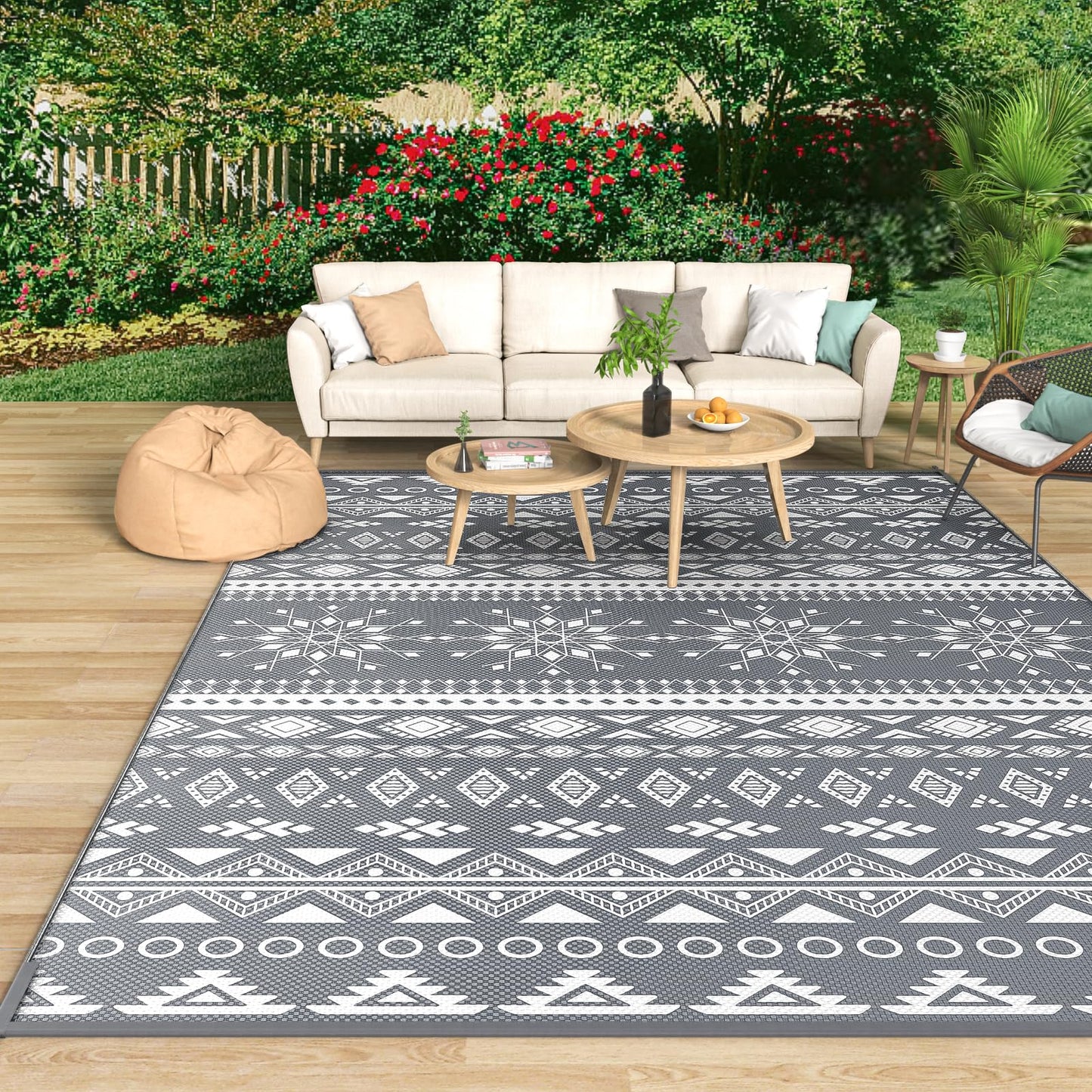 MOKANI Outdoor Rug for Patio Waterproof, Reversible Garden Rugs 150x240 cm, Large Plastic Carpet, Lightweight Foldable Boho Area Mats, UV Resistant
