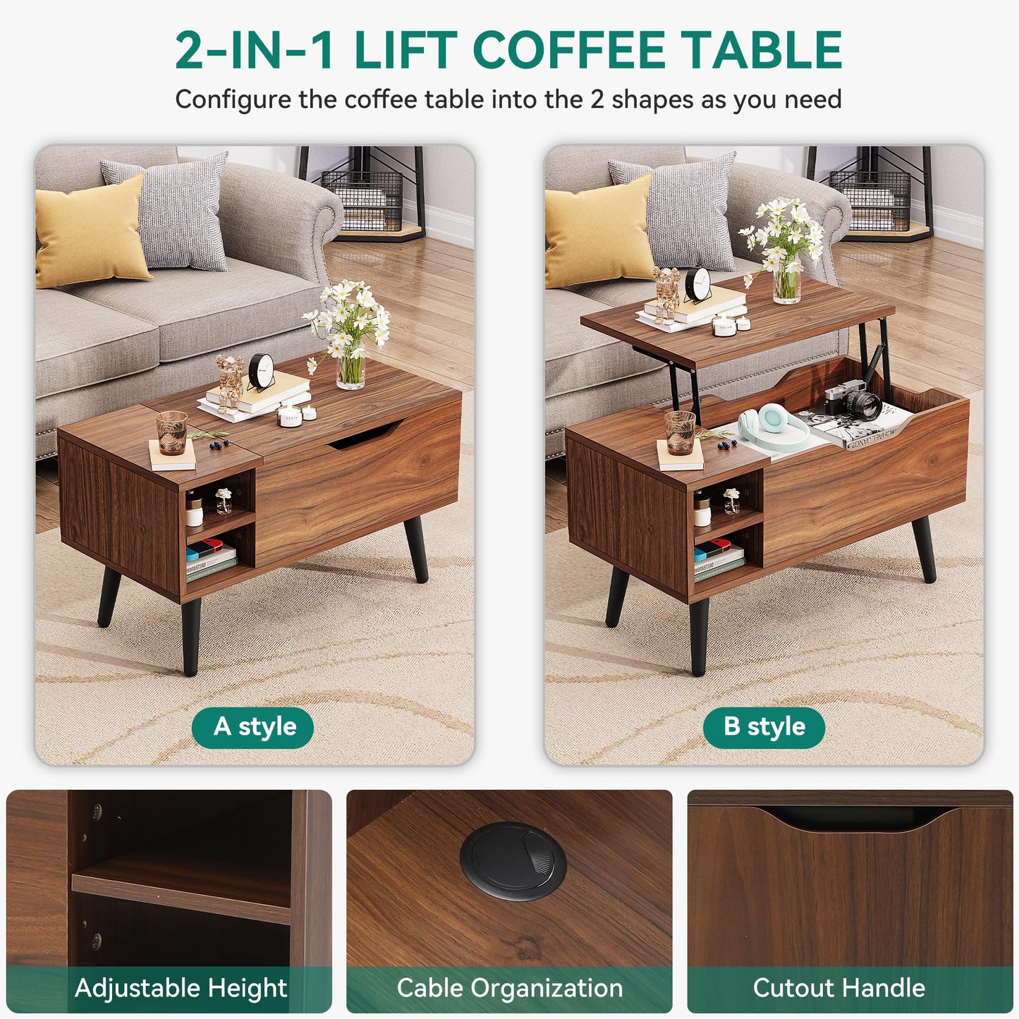 YITAHOME Lift Top Coffee Table with Hidden Compartment, Adjustable Storage Shelf, Spring Lifter, Coffee Table with Storage for Living Room